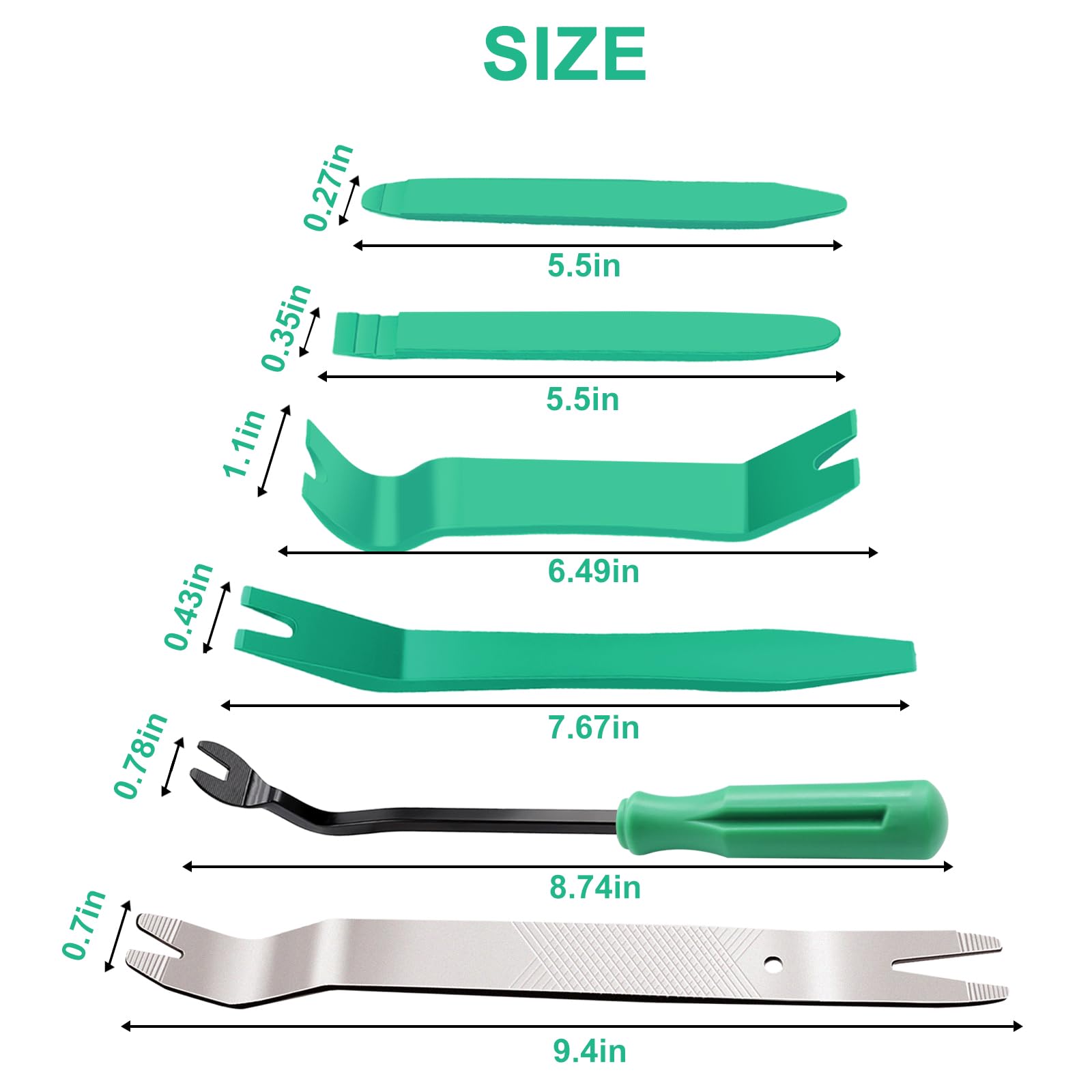5-Piece Nylon Car Pry Tool Set with Metal Pry Bar - Auto Trim & Door Panel Clip Removal Kit (Green) - Perfect for Car Detailing, Interior Repair & DIY Auto Maintenance