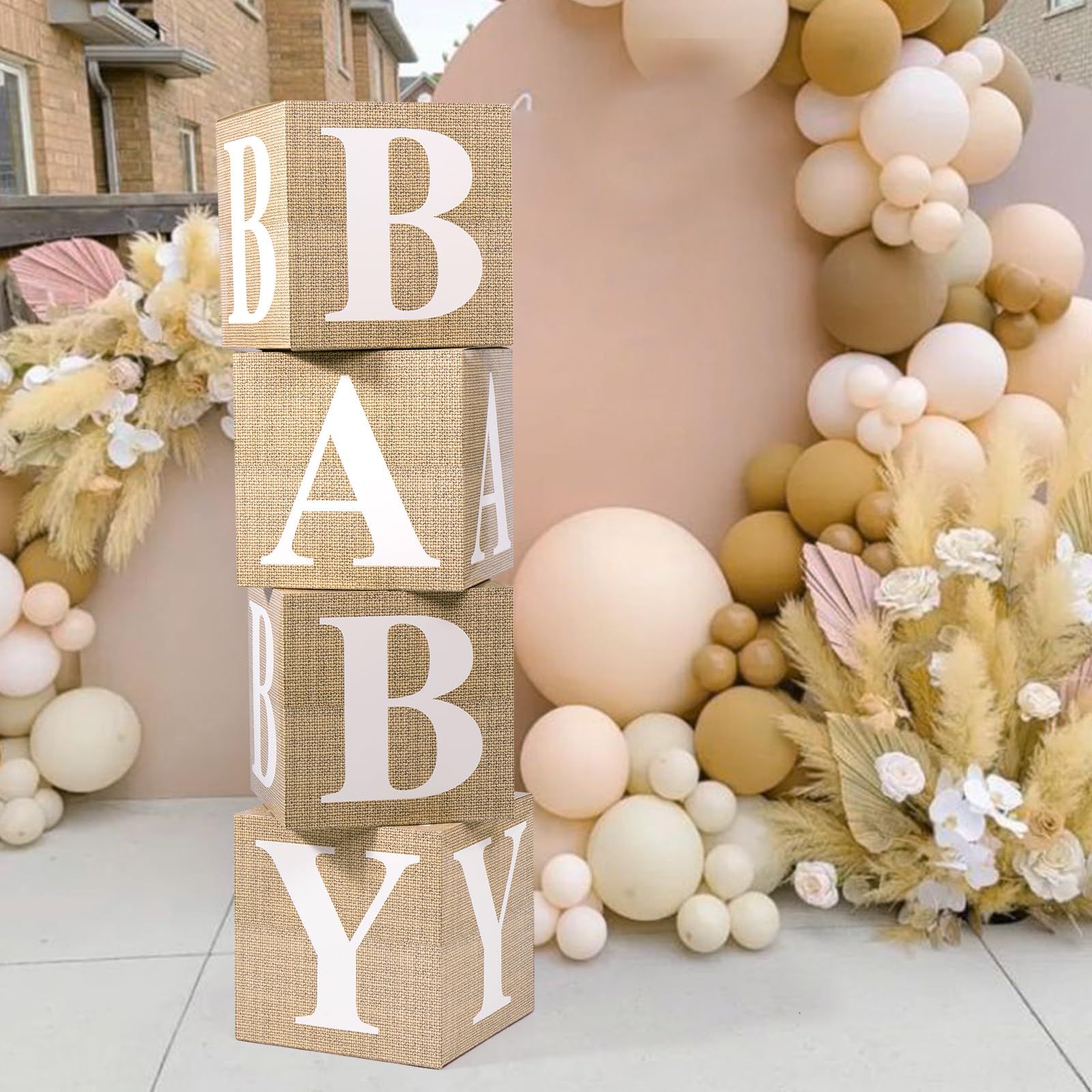 4pcs Baby Shower Balloon Boxes with Printed Letters - Gender Reveal, Birthday & Wedding Decorations (Burlap) | Perfect for Baby Showers, Gender Reveal Parties & Nursery Decor