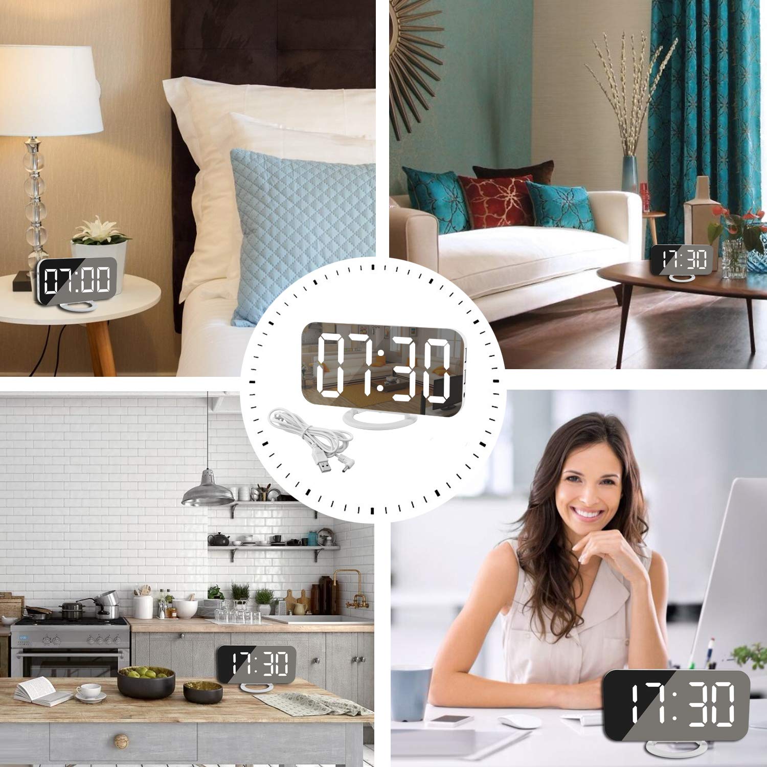 SZELAM Large Digital Alarm Clock with LED Display - Mirror Surface for Makeup, 3-Level Brightness & Dimming Mode, Dual USB Charging Ports - Modern Home & Bedroom Decor (White) - Perfect for Nightstands, Vanity Tables, and Office Desks