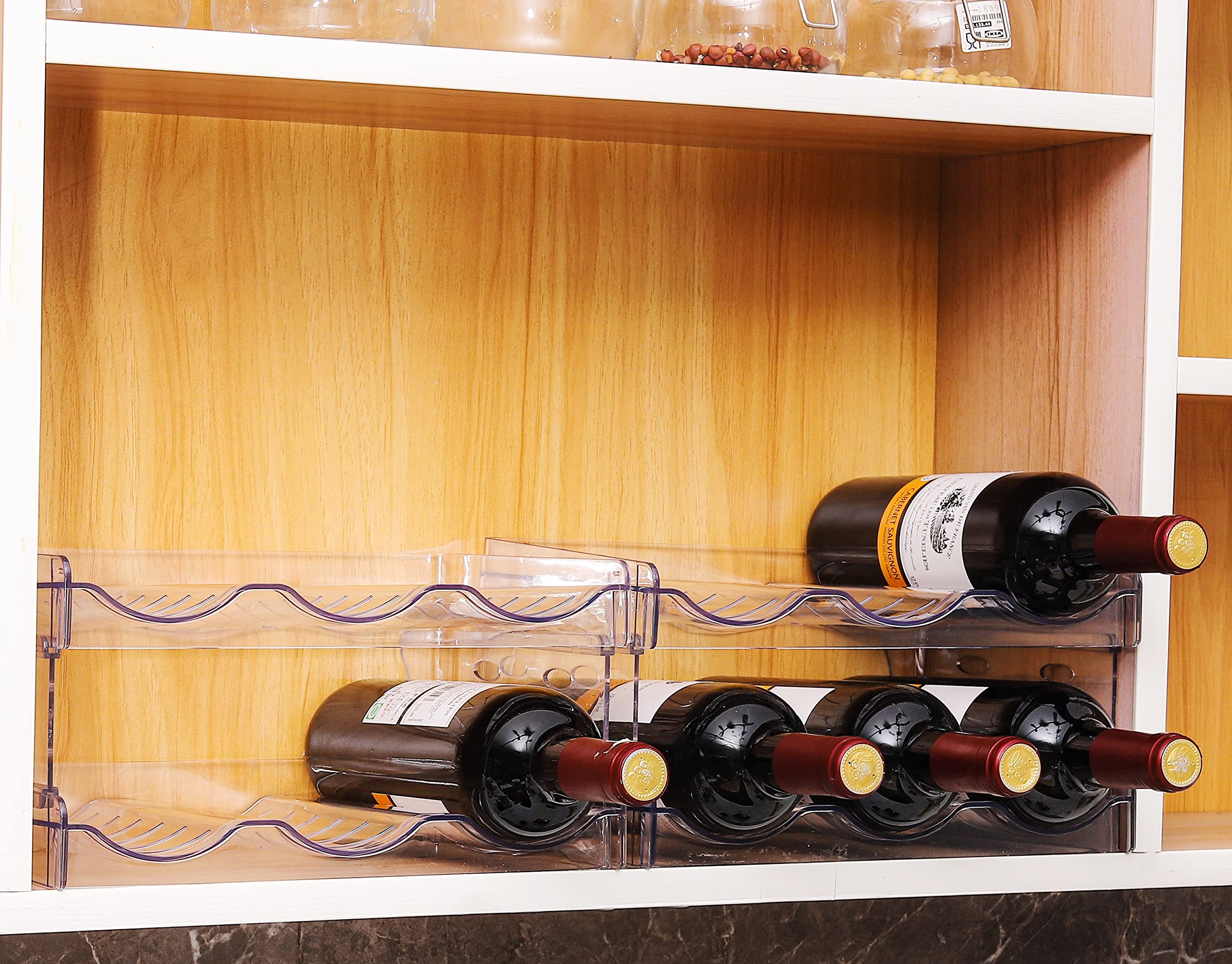 4 Pack Stackable Wine & Water Bottle Organizer - Clear Plastic Fridge Storage for Cabinet, Refrigerator, Pantry - Holds 12 Bottles | Perfect for Kitchen Countertops, Party Serving & Small Space Organization