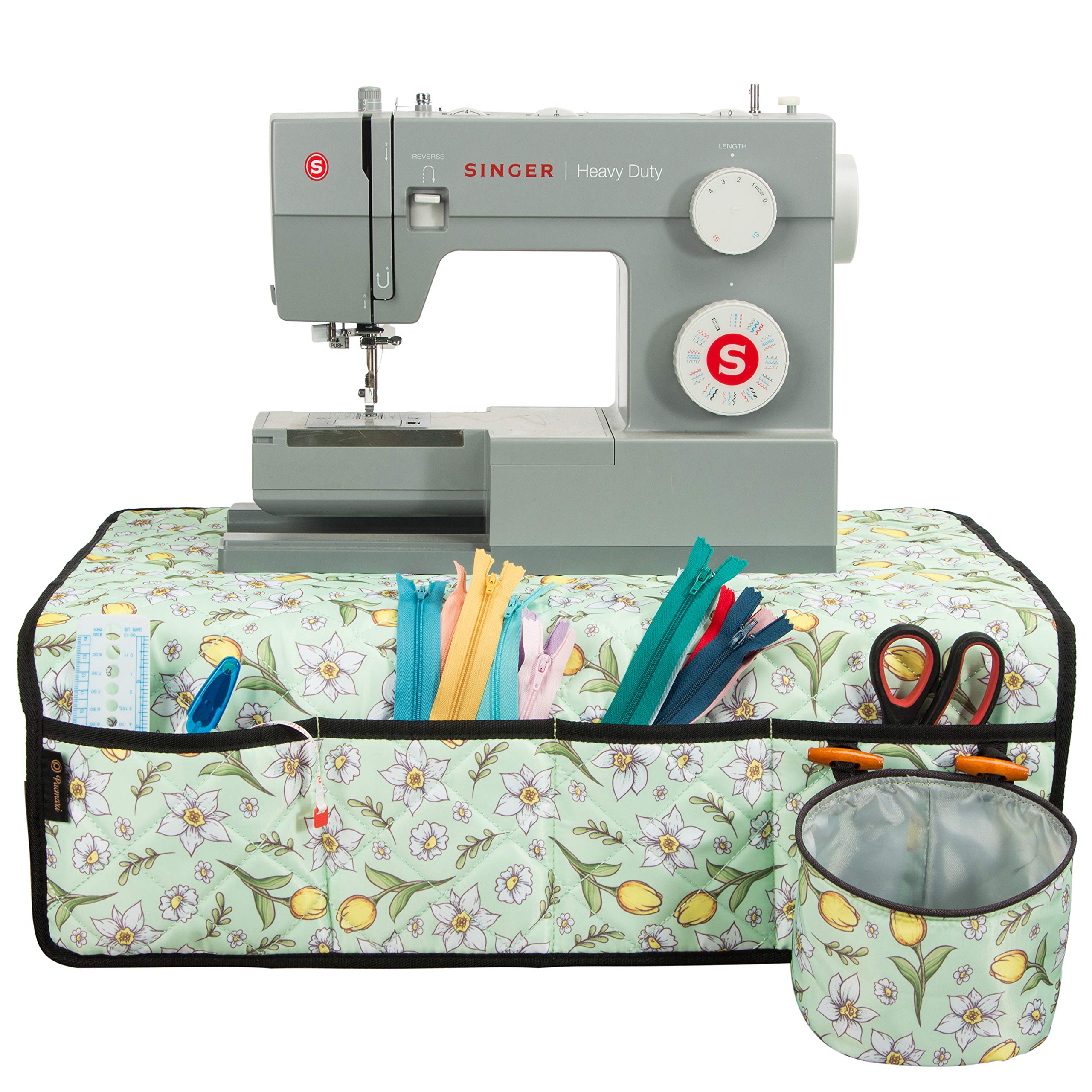 PACMAXI Water-Resistant Sewing Machine Pad with Storage Pockets - Floral Green Table Mat Organizer for Sewing Accessories | Perfect for Craft Rooms, Quilting Stations & Home Sewing Projects