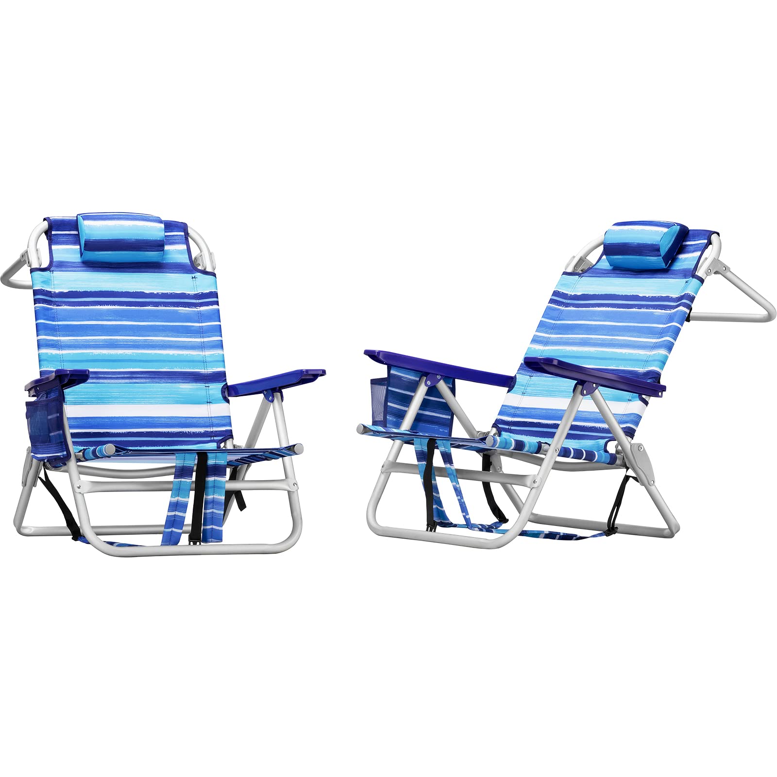 **LEMBERI Heavy Duty Folding Beach Chair for Adults - Adjustable High Back Camping Chair with Large Pockets, Cup Holder & Towel Rack - Portable for Outdoor, Travel, Picnics & Beach Lounging (2-Pack, Blue)**