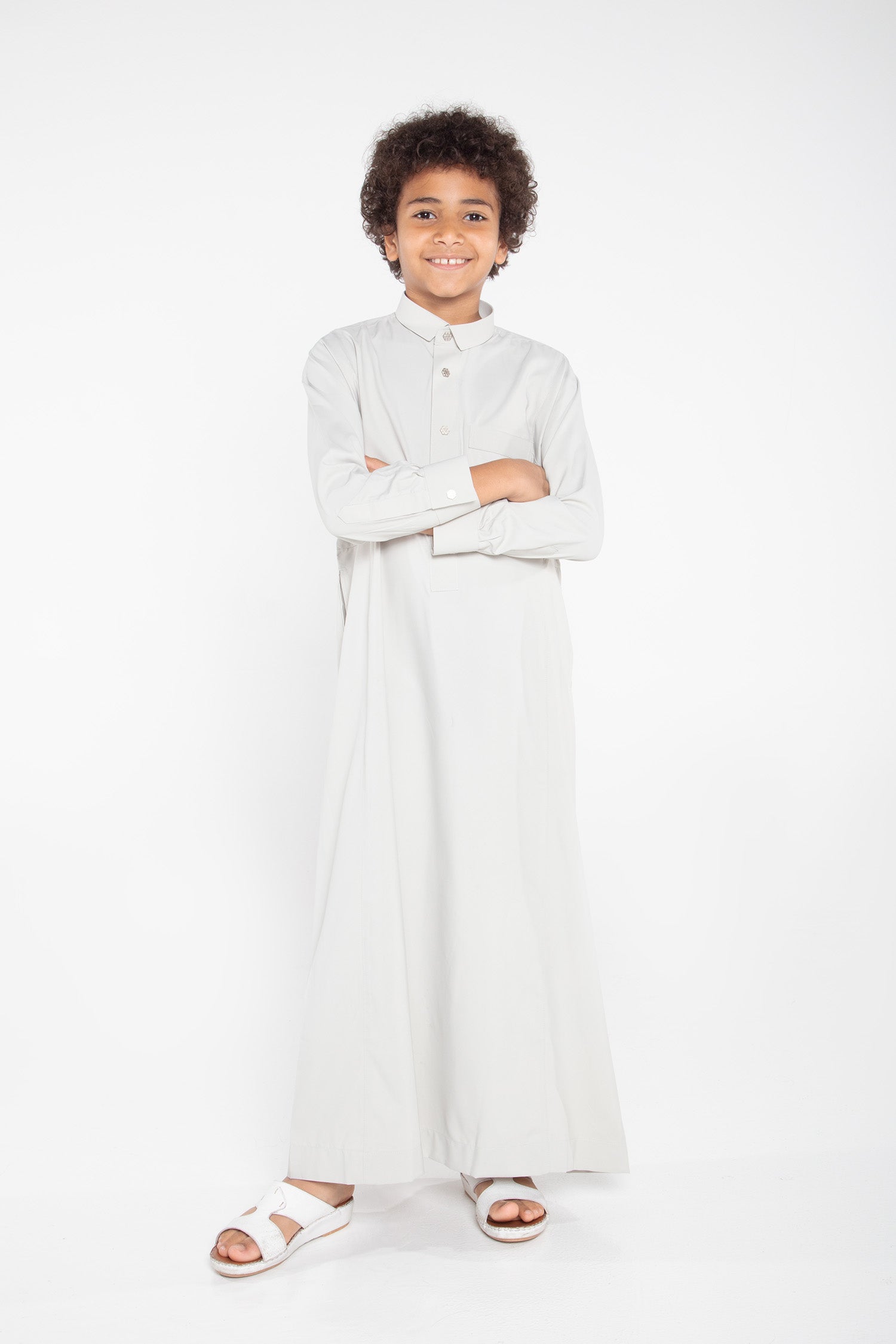 J109 Boys Foggy Grey Tuxedo Thobe - Elegant Islamic Formal Wear for Kids - Perfect for Eid, Weddings & Special Occasions