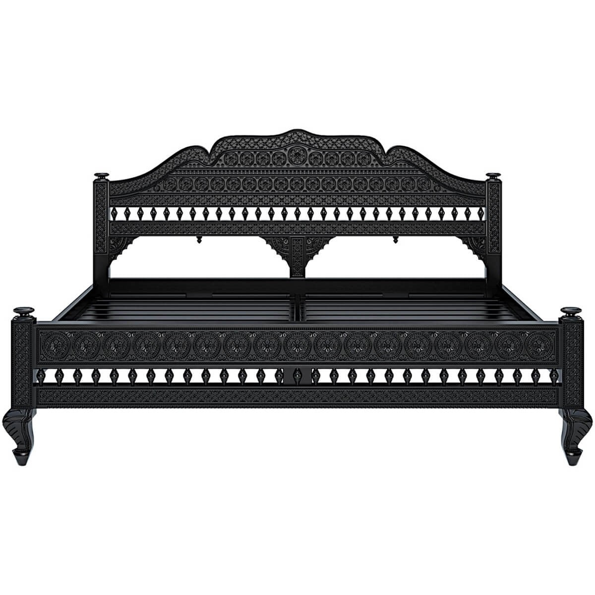 Hand Carved Indian Solid Wood Platform Bed with Mehrab Style Headboard - Floral Design for Bedroom Decor | Elegant & Durable Wooden Bed Frame