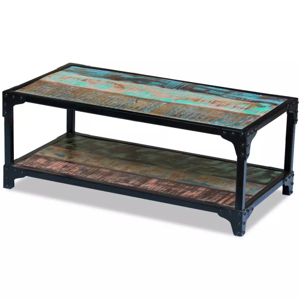 Industrial Coffee Table with Storage Shelf - Solid Reclaimed Wood Side Table for Living Room, Couch & Office - Rustic End Table with Hidden Storage for Books, Remotes & Home Decor