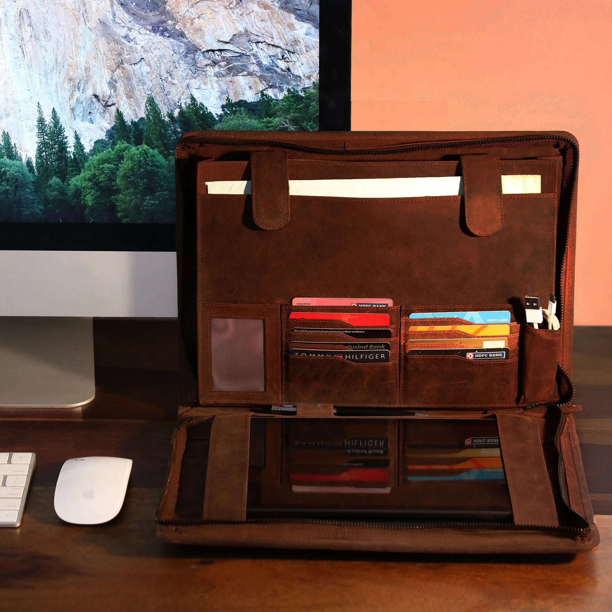 Premium Business Leather Portfolio - Professional Dark Brown Leather Document Holder for Men & Women - Perfect for Office, Meetings, and Business Travel