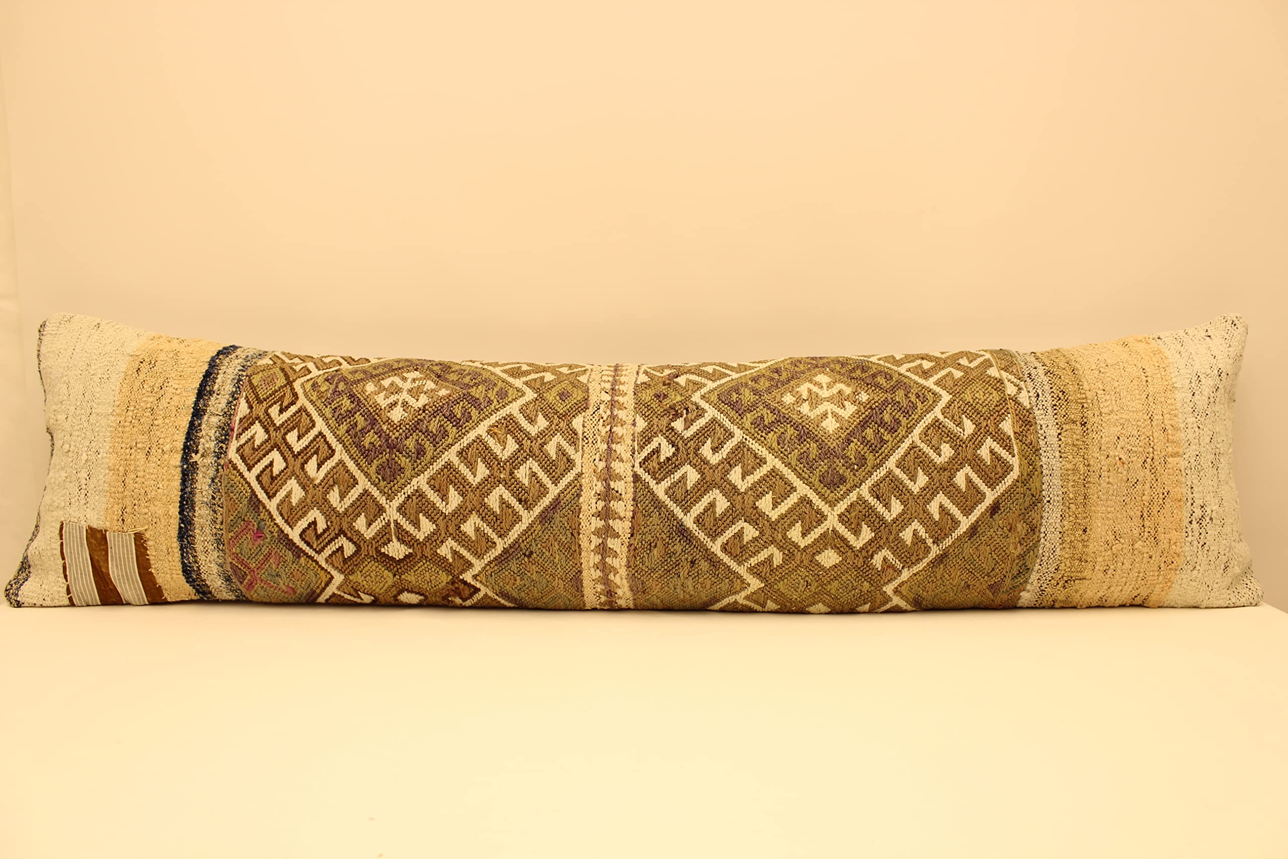 Vintage Long Lumbar Pillow Cover 12x48 Inches - King Size Geometric Throw Pillow in Green & Beige - Decorative Bedding Accent for Sofa, Couch, or Bed