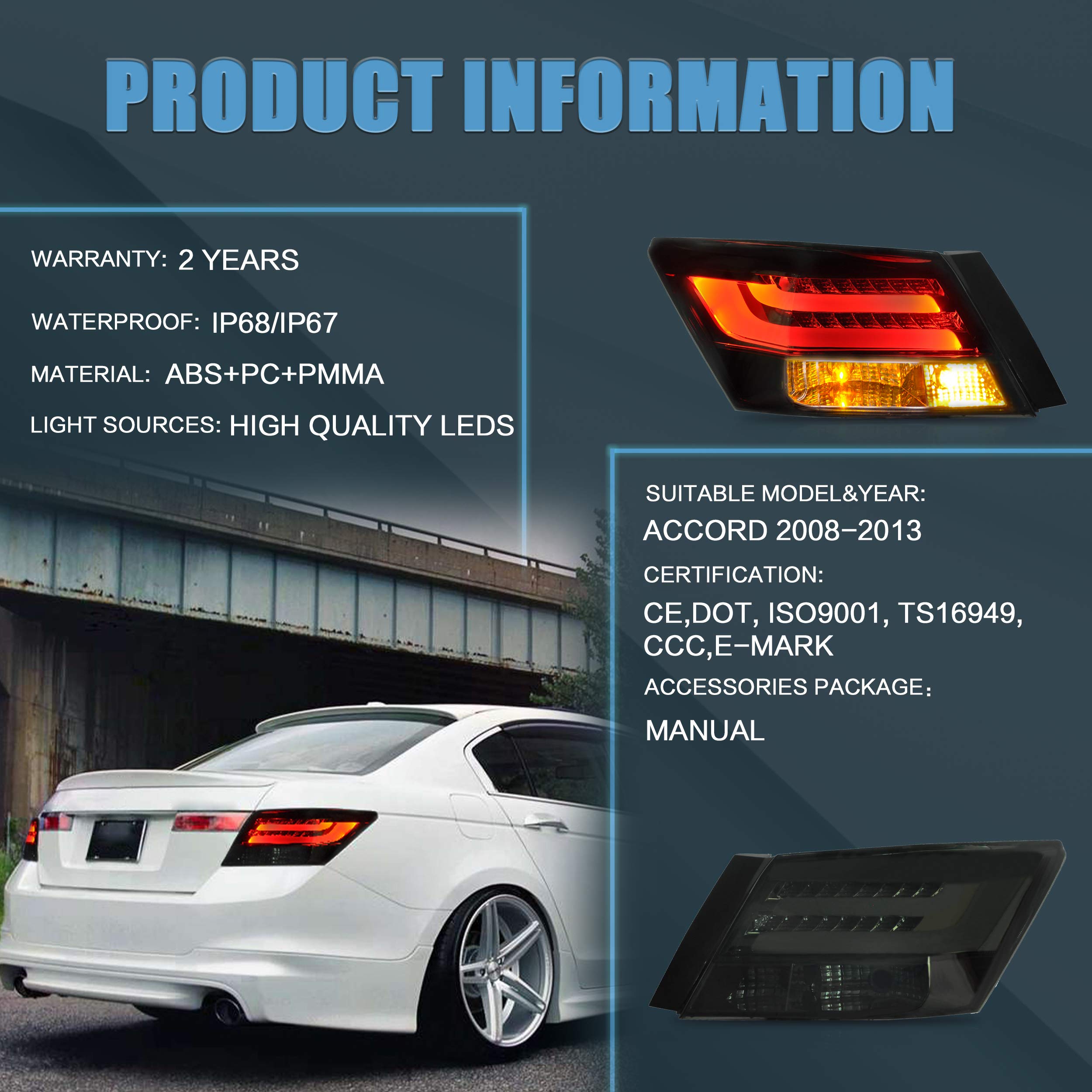 VLAND Smoked Tail Lights Assembly for 2008-2012 Honda Accord 8th Gen - Direct Fit Replacement, Enhanced Style & Visibility (Perfect for Night Driving & Car Customization)