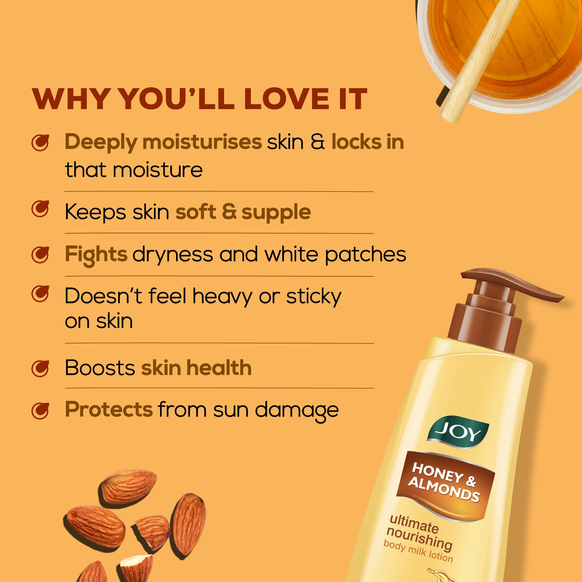 Joy Honey & Almonds Ultimate Nourishing Body Milk Lotion (13.5oz) - Shea Butter & Vitamin E Enriched - 24H Moisturizing for Dry Skin - Prevent Dryness & Deep Hydration - Perfect for Winter Care & Daily Body Moisturizing