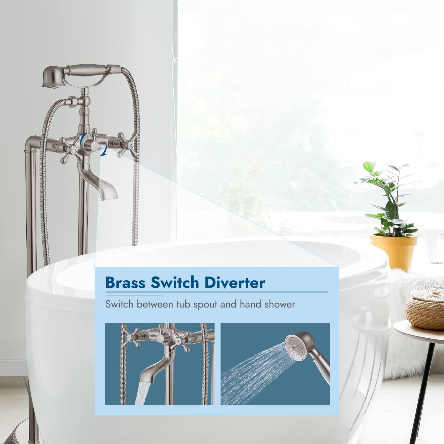 Brushed Nickel Freestanding Bathtub Faucet - Floor Mount Tub Filler with Double Cross Knobs & Handheld Shower - Modern Telephone Shape Bath Mixer Tap for Spa-Like Bathroom Relaxation