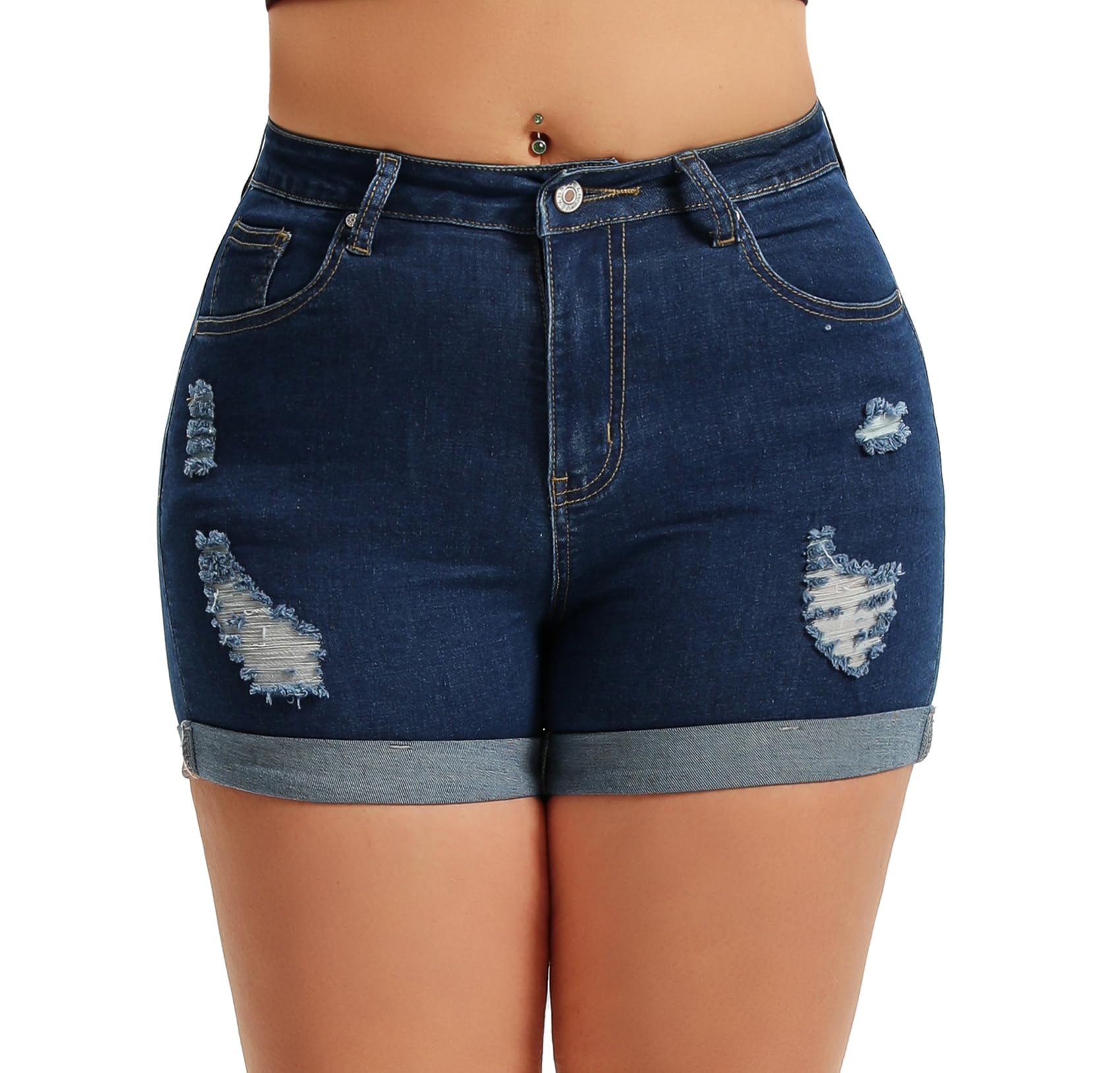 Pnadty Women's High Waisted Stretch Denim Shorts - Summer Casual Folded Hem Jean Shorts for Beach, Travel & Everyday Wear