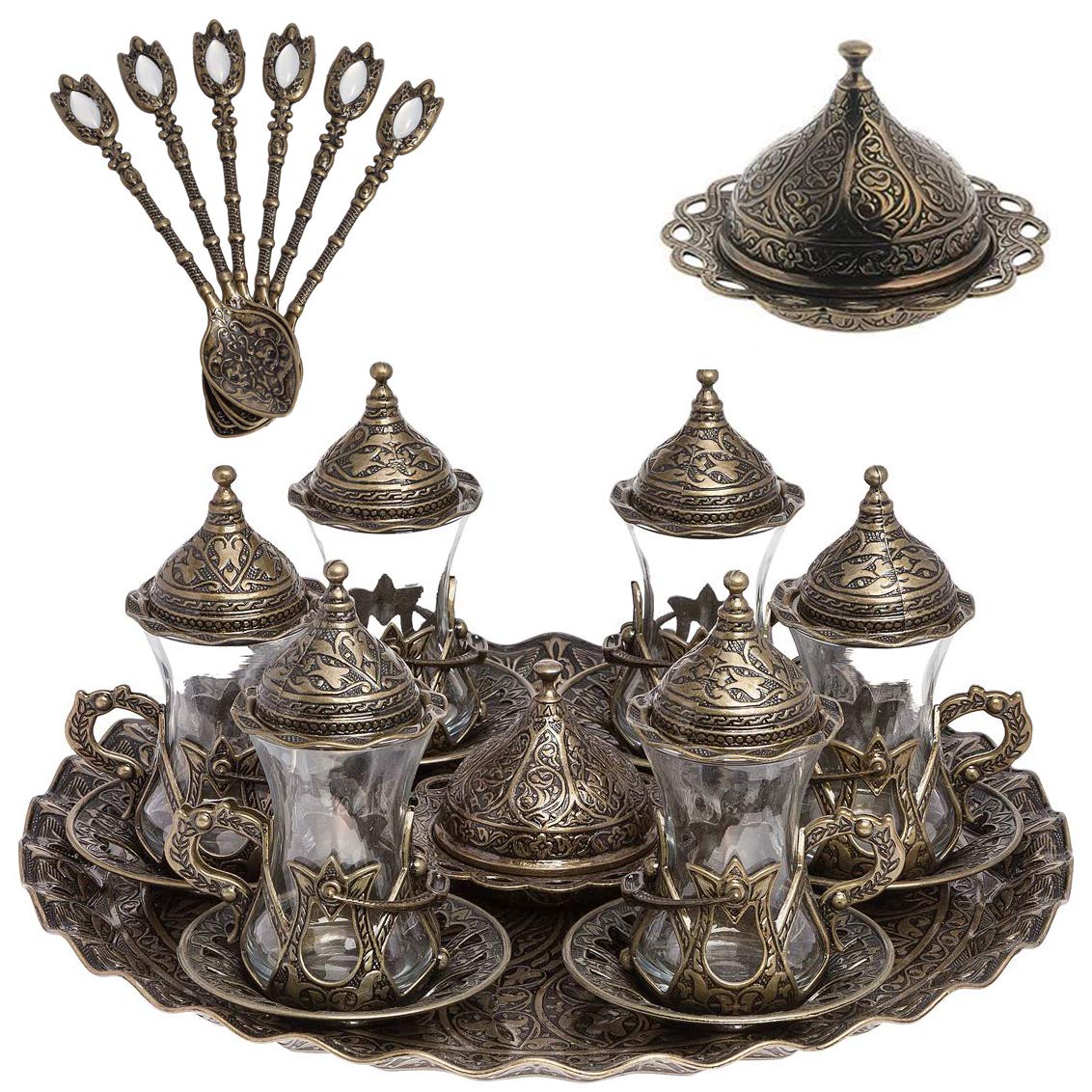 Handmade Turkish Tea Set - Authentic Green Zamzam Serving Glasses with Saucer, Tray and Spoon - Perfect for Traditional Tea Ceremonies, Home Decor & Gift Giving