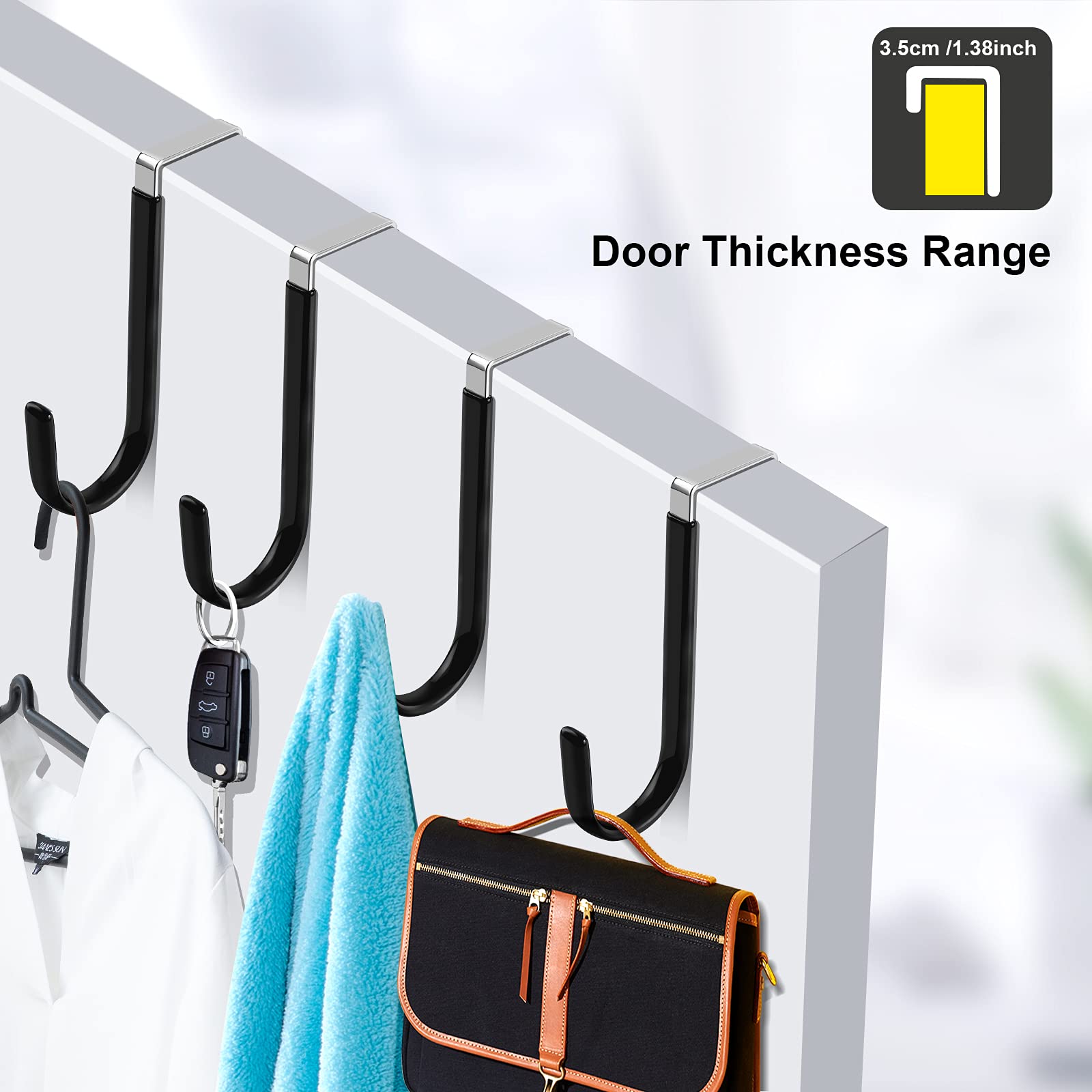 FLOWRALiKI Over The Door Hooks - 4 Pack Heavy Duty Hanging Hooks for Clothes, Towels, Coats, Robes & Accessories - Space Saving Organizer for Bedroom, Bathroom & Closet (White)