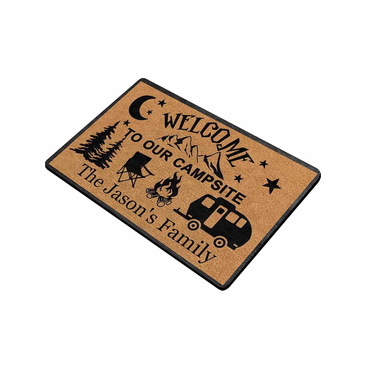 Custom Personalized Camping Doormat - Welcome to Our Campsite with Mountain Tree Design | Non-Slip Indoor/Outdoor Entrance Mat 24x16 Inch | Perfect for RV, Cabin, Tent & Home Decor