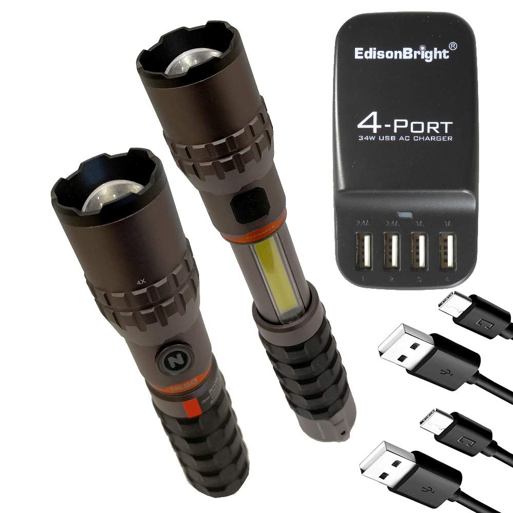 2 Pack NEBO Slyde King 2K 2000 Lumen Flashlight & 500 Lumen Worklight - Rechargeable High Power LED Flashlights WLT-1003 with EdisonBright 4 Port USB Charger Bundle for Camping, Emergency, Home & Outdoor Use