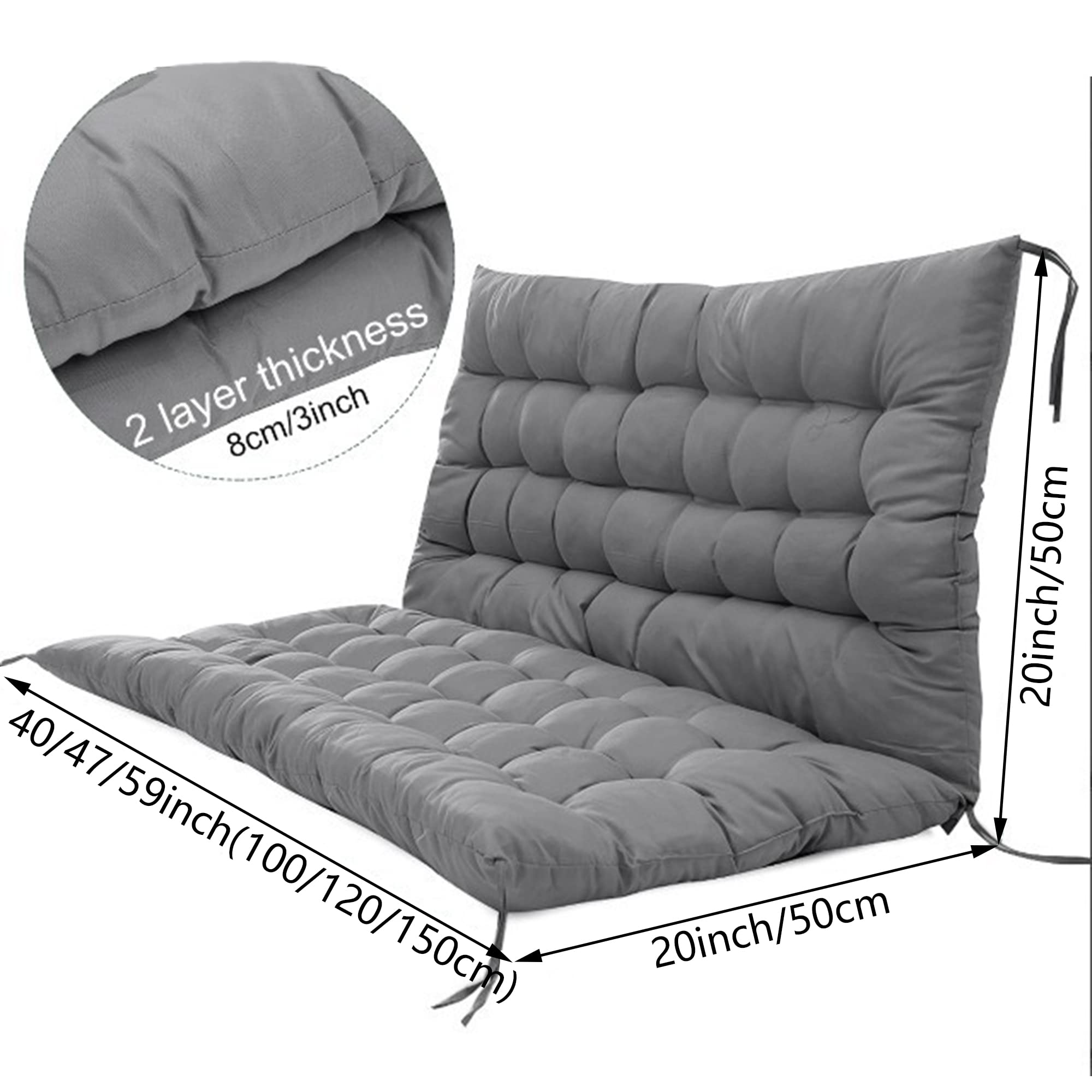 3 Inch Thick Outdoor Bench Cushion with Ties - 59x40 Inch Dark Grey Patio Swing Seat Pad with Backrest - Durable Replacement Cushions for 2-3 Seater Porch Swing & Outdoor Furniture - Perfect for Garden, Deck, and Backyard Relaxation