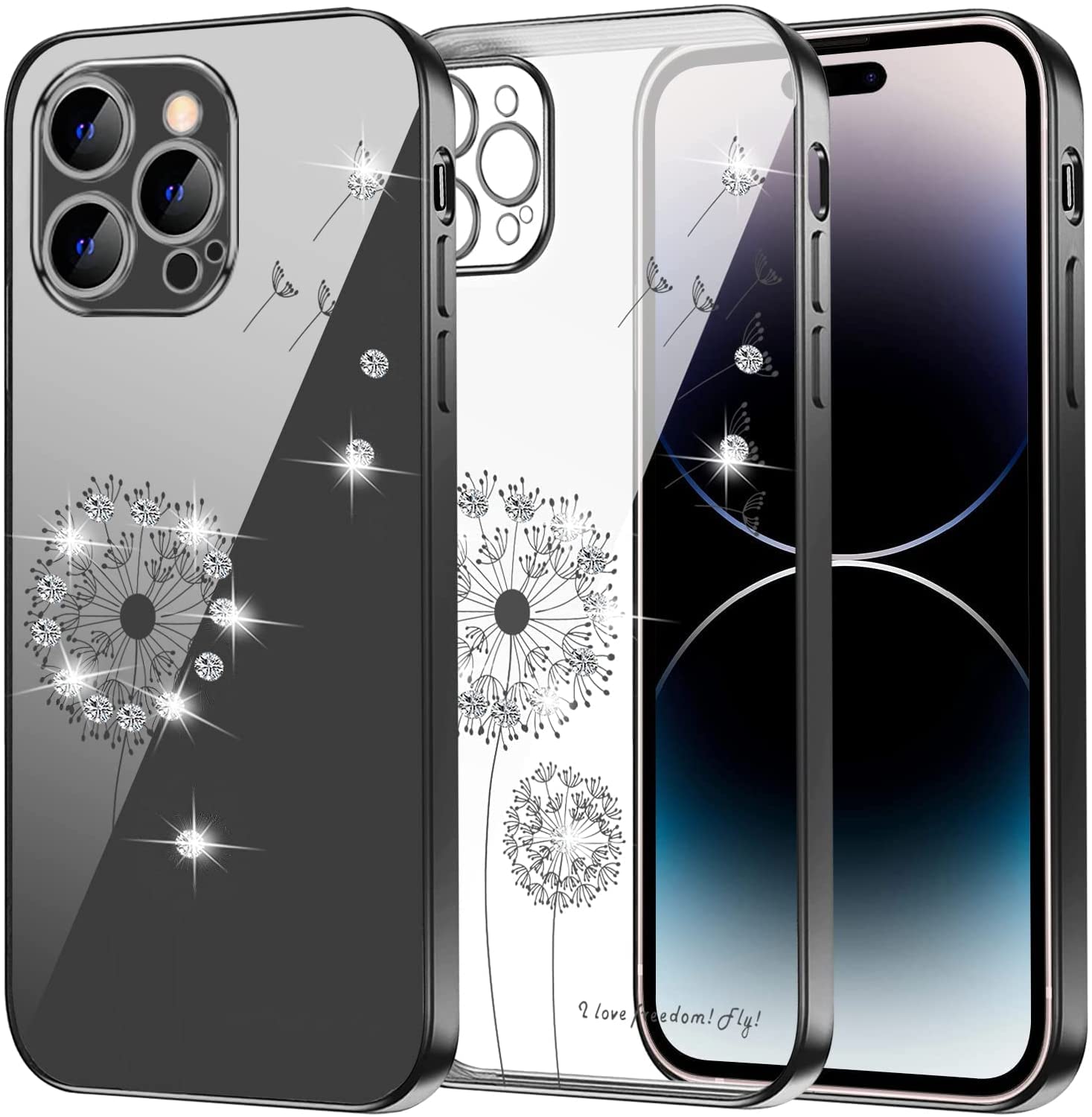 Crystal Clear Shockproof iPhone 14 Pro Max Case - Slim Silicone Bumper Cover with Diamond Flowers Design | Protective Transparent Phone Case for Women | Perfect for Everyday Use, Work & Travel