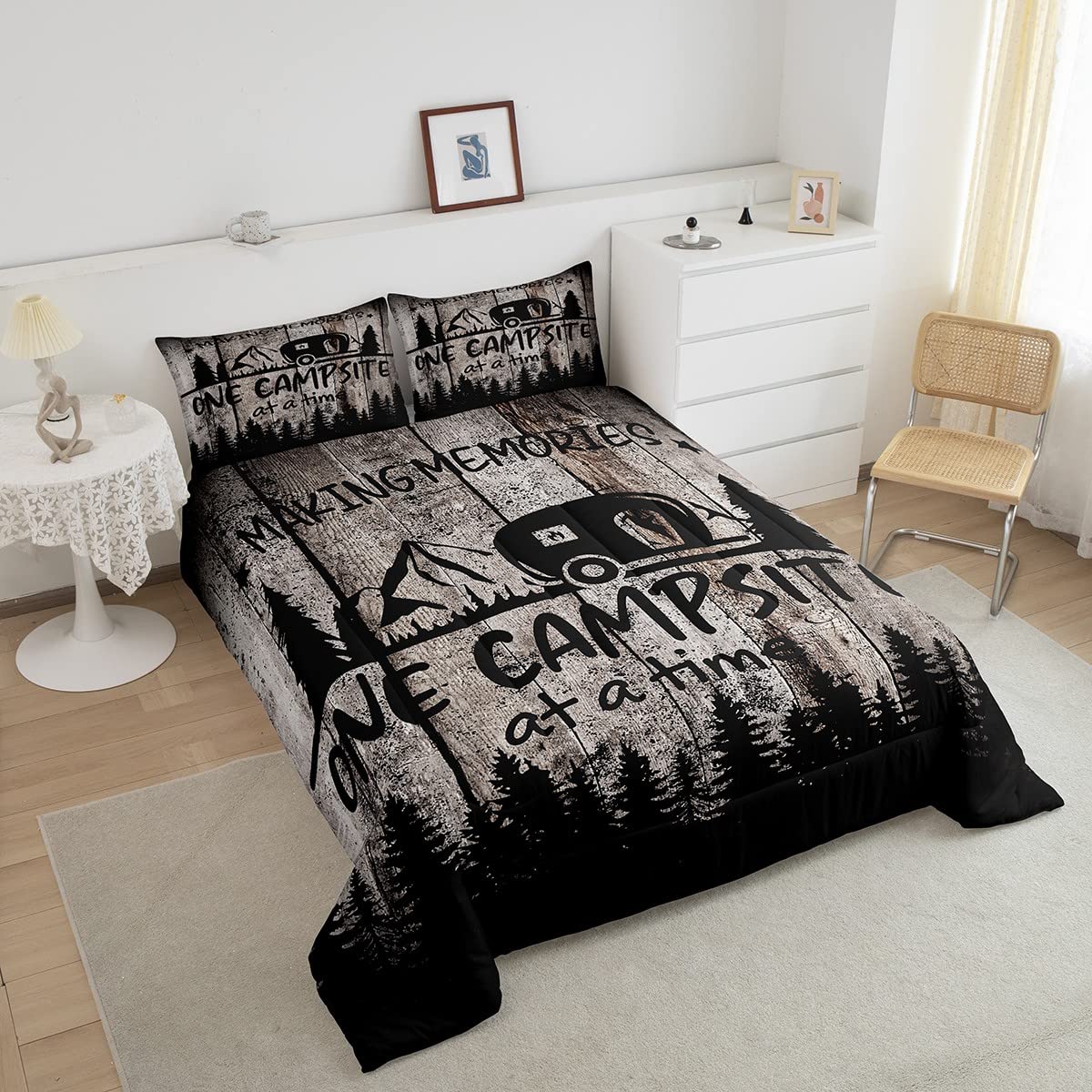 Feelyou Full Size Camper Comforter Set - Happy Camping Themed Bedding for Kids & Adults - Includes 1 Comforter & 2 Pillowcases - Perfect for RV Trips, Camping Adventures & Cozy Cabin Stays
