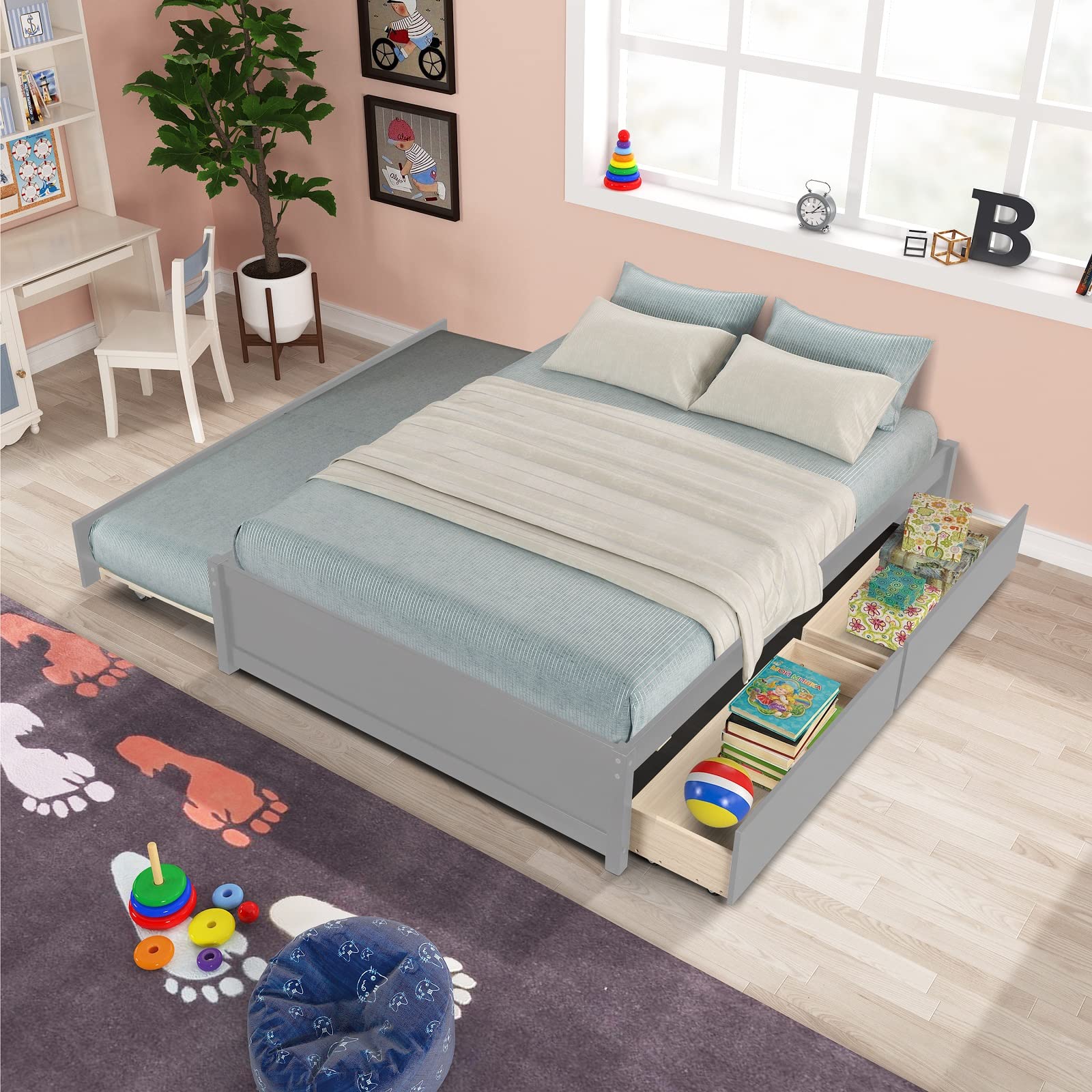 Danxee Wooden Captain's Bed with Storage - Full Size Daybed with Twin Trundle & 2 Drawers - Kids Platform Bed (Gray) - Perfect for Small Spaces, Guest Rooms & Children's Bedrooms