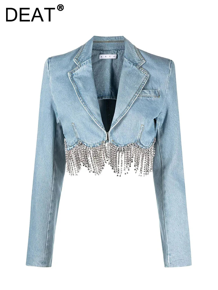 Women's Notched Collar Denim Jacket with Diamond Tassel & High Waist Butterfly Cutout Design - Trendy Summer Short Coat for Casual Outfits, Date Nights & Streetwear Fashion