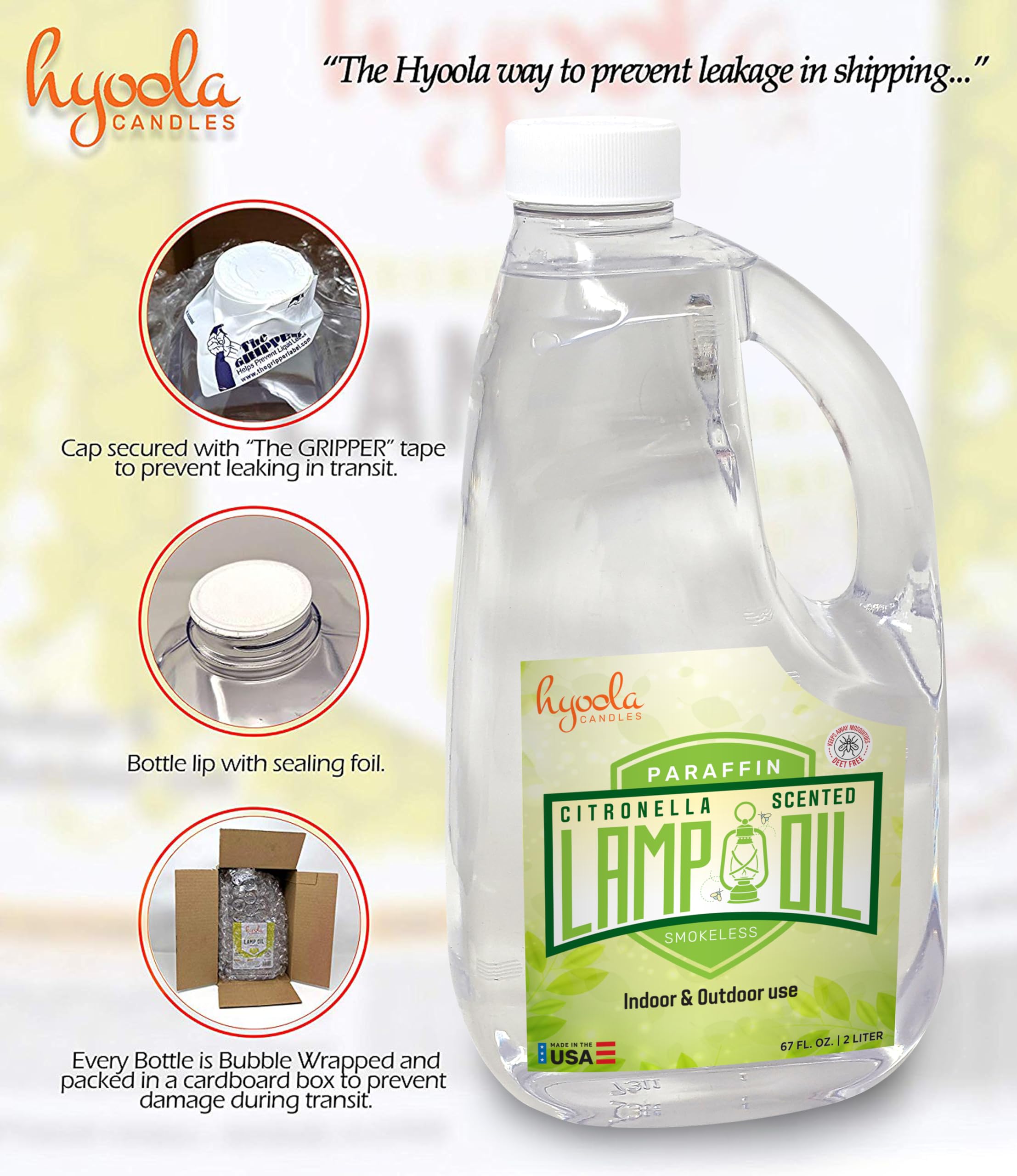 Hyoola Citronella Lamp Oil - 67.6 oz (2 Liter) Smokeless Mosquito Repellent for Indoor/Outdoor Use - Perfect for Patio Lanterns, Camping Lights & Oil Candles - Natural Insect Deterrent with Pleasant Scent