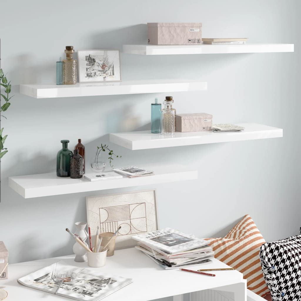 CHARMMA 323753 Floating Wall Shelves Set of 4 - High Gloss White MDF Shelves 31.5x9.25x1.5 Inches - Modern Wall Storage for Living Room, Bedroom, Bathroom & Office Organization