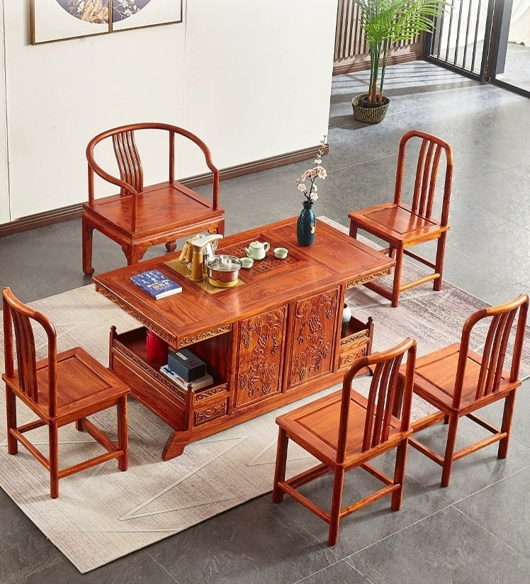 African Rosewood Tea Table Set - Handcrafted Wooden Coffee Table with 2 Stools - Perfect for Living Room, Patio, and Garden Tea Time