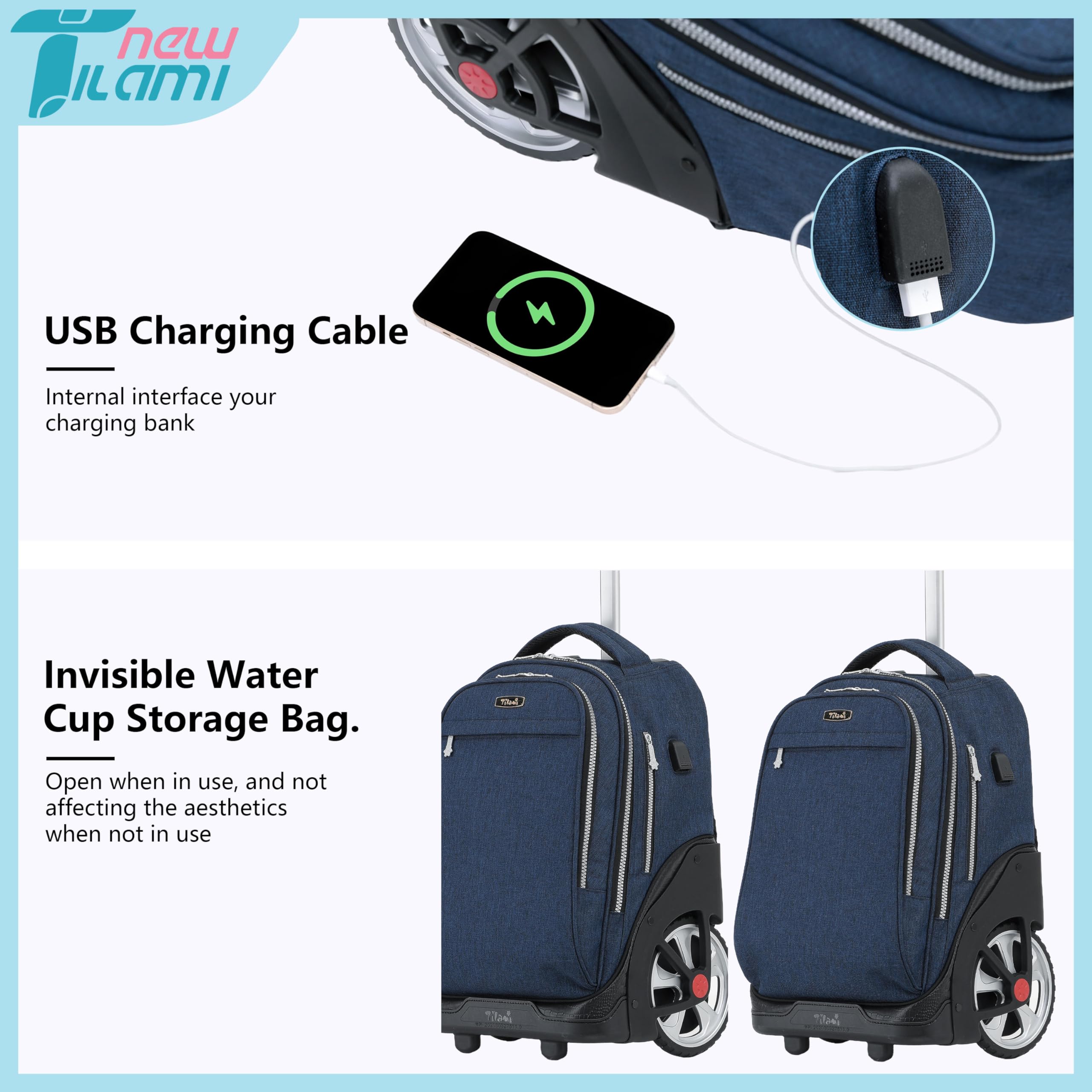 TILAMI 19 Inch Rolling Backpack for Teens - Cute Wheeled Laptop Backpack, School Bookbag & Travel Carry On Bag with Wheels (Navy Blue) | Perfect for College Students, Business Trips & Airplane Travel