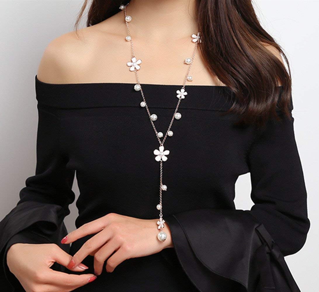 Elegant Yellow Chimes Long Chain Necklace with Floral Pearl Pendant for Women and Girls - Perfect for Weddings, Parties & Everyday Fashion Accessories