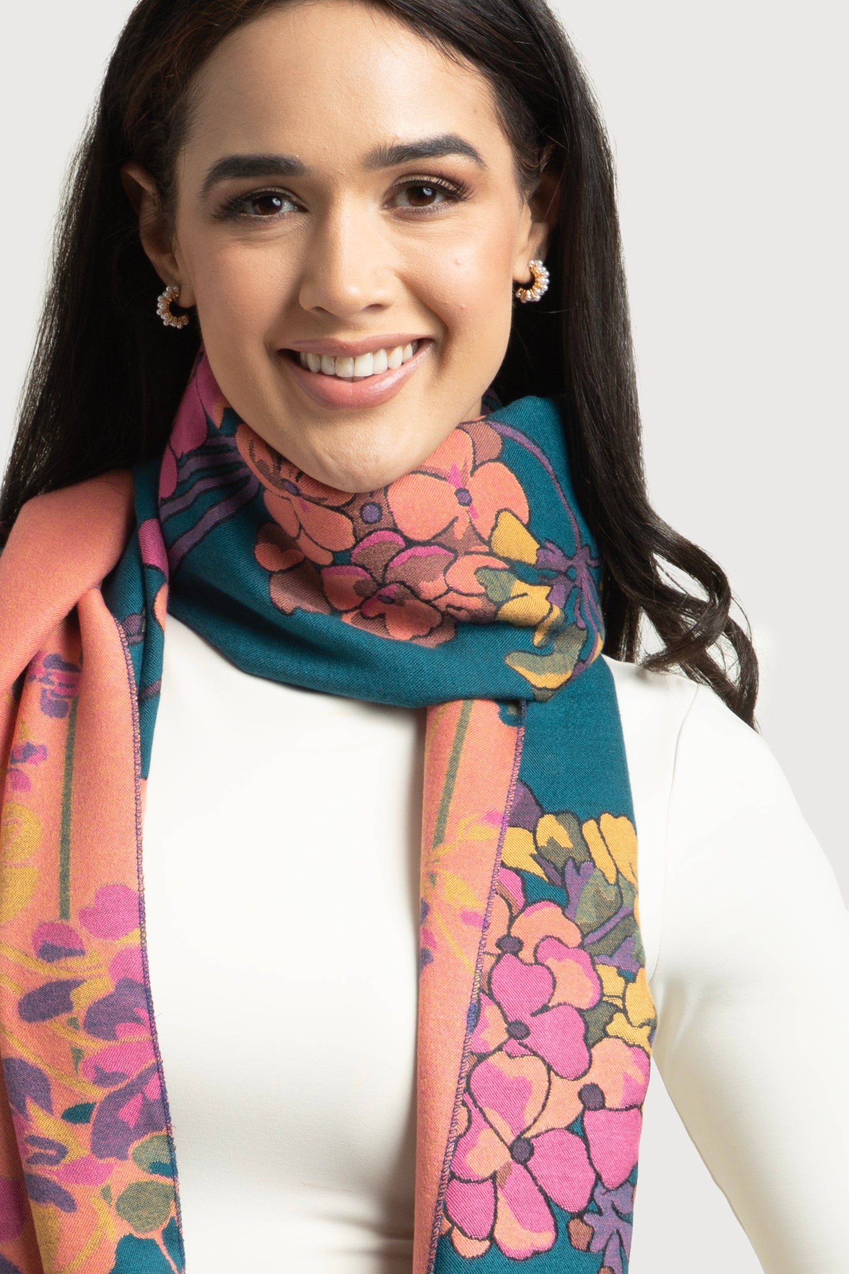 Two Tone Floral Reversible Scarf - Soft Lightweight Womens Fashion Accessory for Spring & Fall Outfits