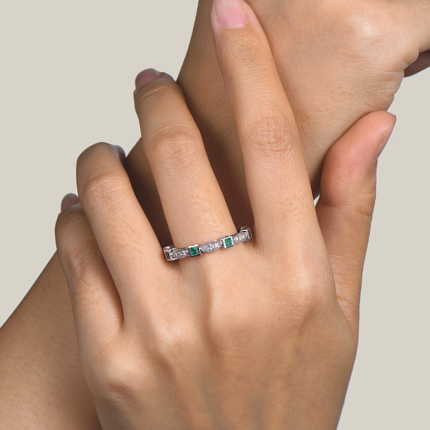 Princess Cut Emerald Bezel Wedding Ring - Diamond Full Eternity Band in 14K White Gold - Perfect for Engagement, Anniversary & Bridal Jewelry Gifts