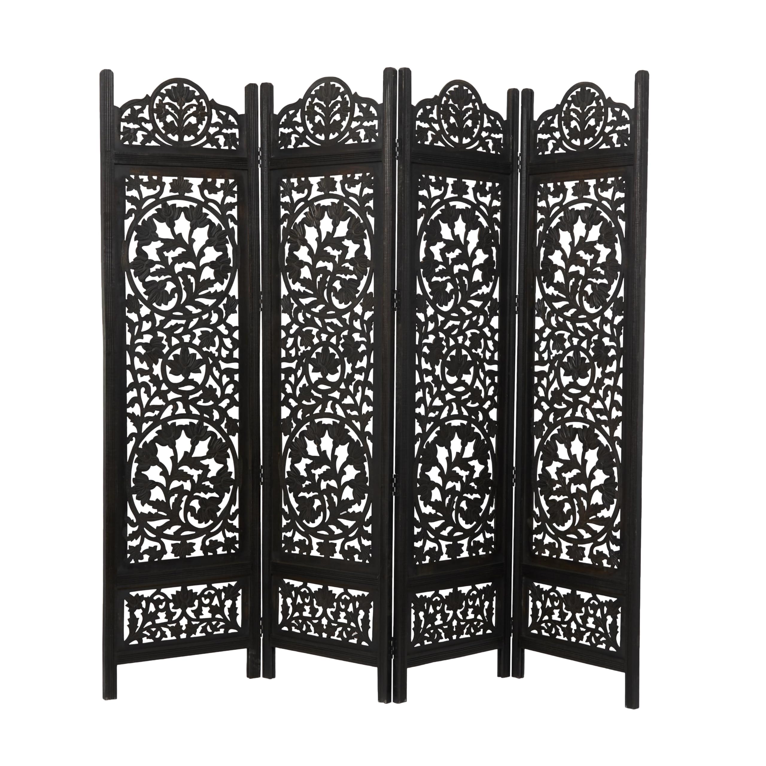 Deco 79 Handmade Wood Floral Room Divider Screen - 4 Panel Foldable Privacy Partition with Carved Design, 80