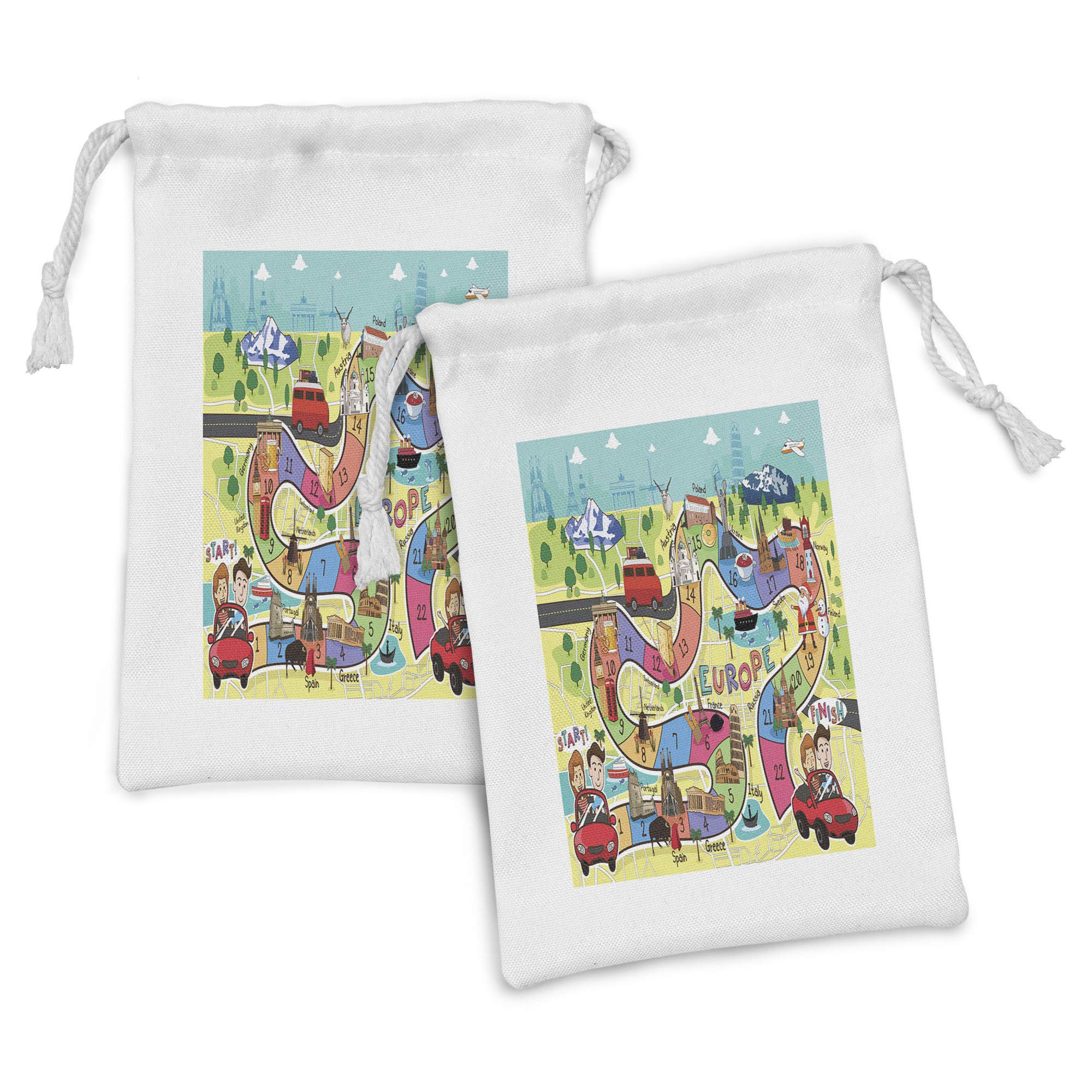 Ambesonne 2-Piece Travel Themed Drawstring Pouch Set - Europe Landmark Cartoon Design, 9