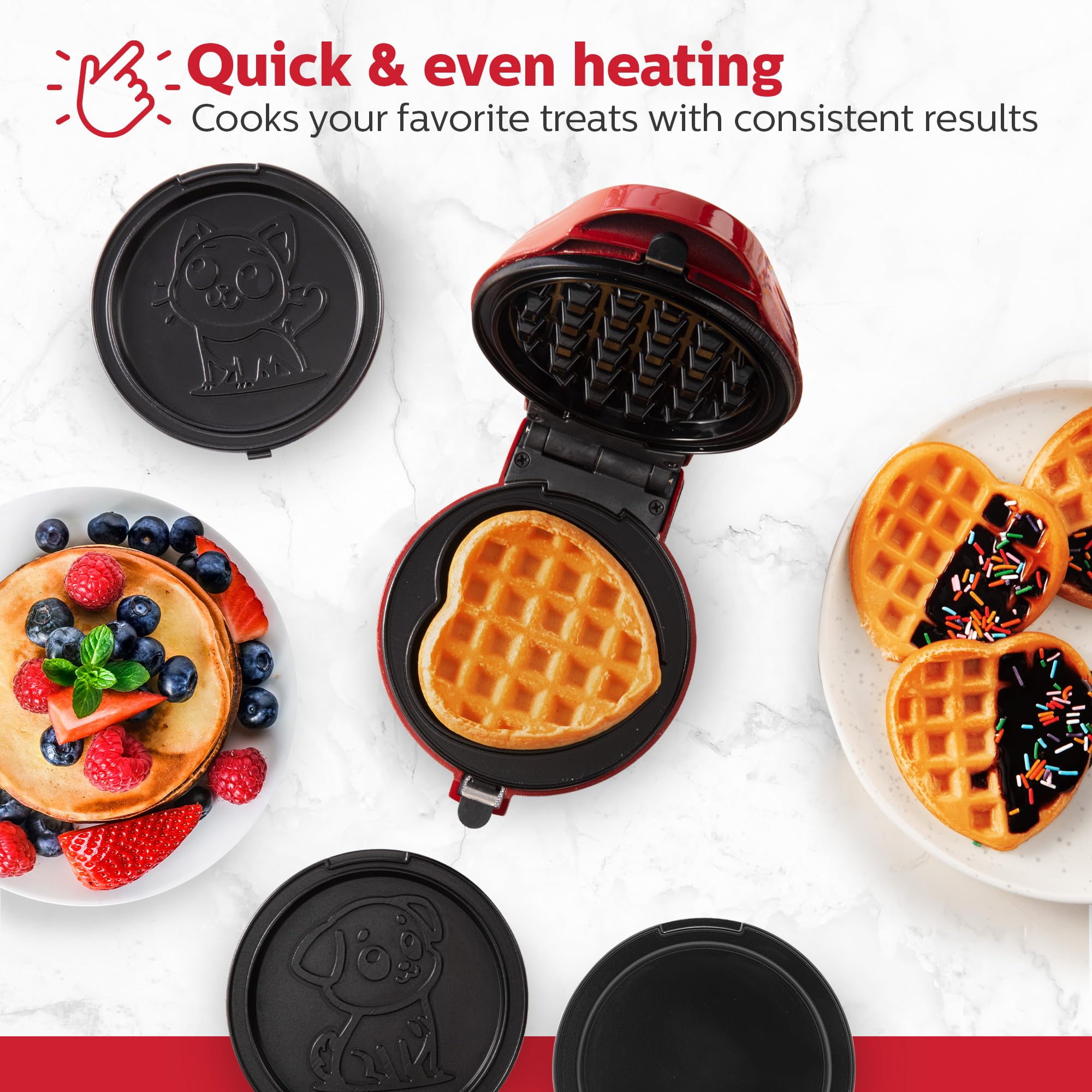 Holstein Housewares Mini 4-Inch Waffle Maker & Personal Griddle with 7 Interchangeable Plates - Make Fun-Shaped Waffles, Pancakes, Eggs (Dog, Cat, Heart Designs) - Perfect for Kids Breakfast, Party Treats & Family Cooking