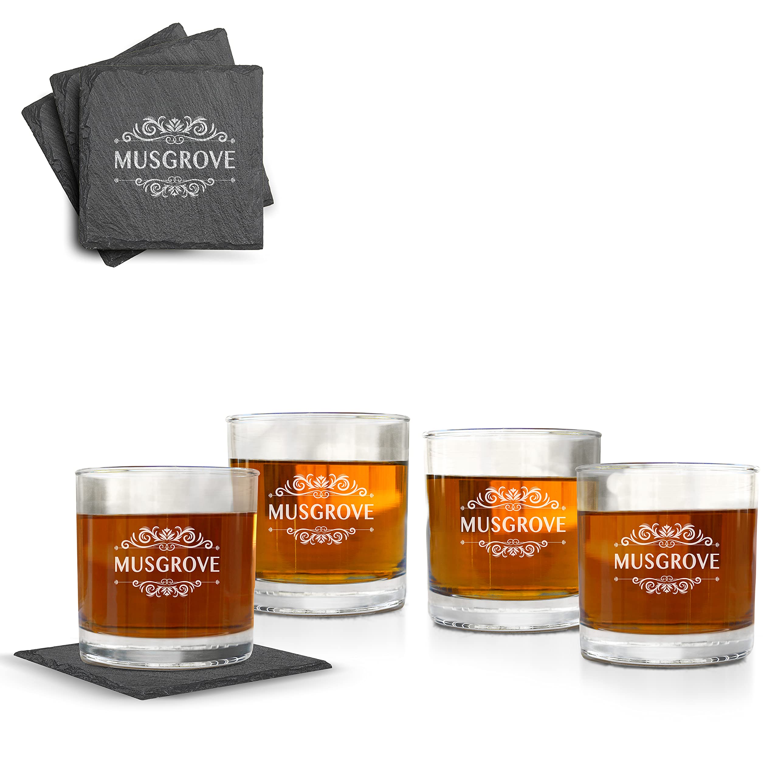 Personalized Scotch Glasses Set of 4 - Engraved Crystal Whiskey Glasses with Coasters - Elegant Barware Gift for Men, Bourbon & Scotch Lovers - Perfect for Home Bars, Weddings & Anniversary Gifts