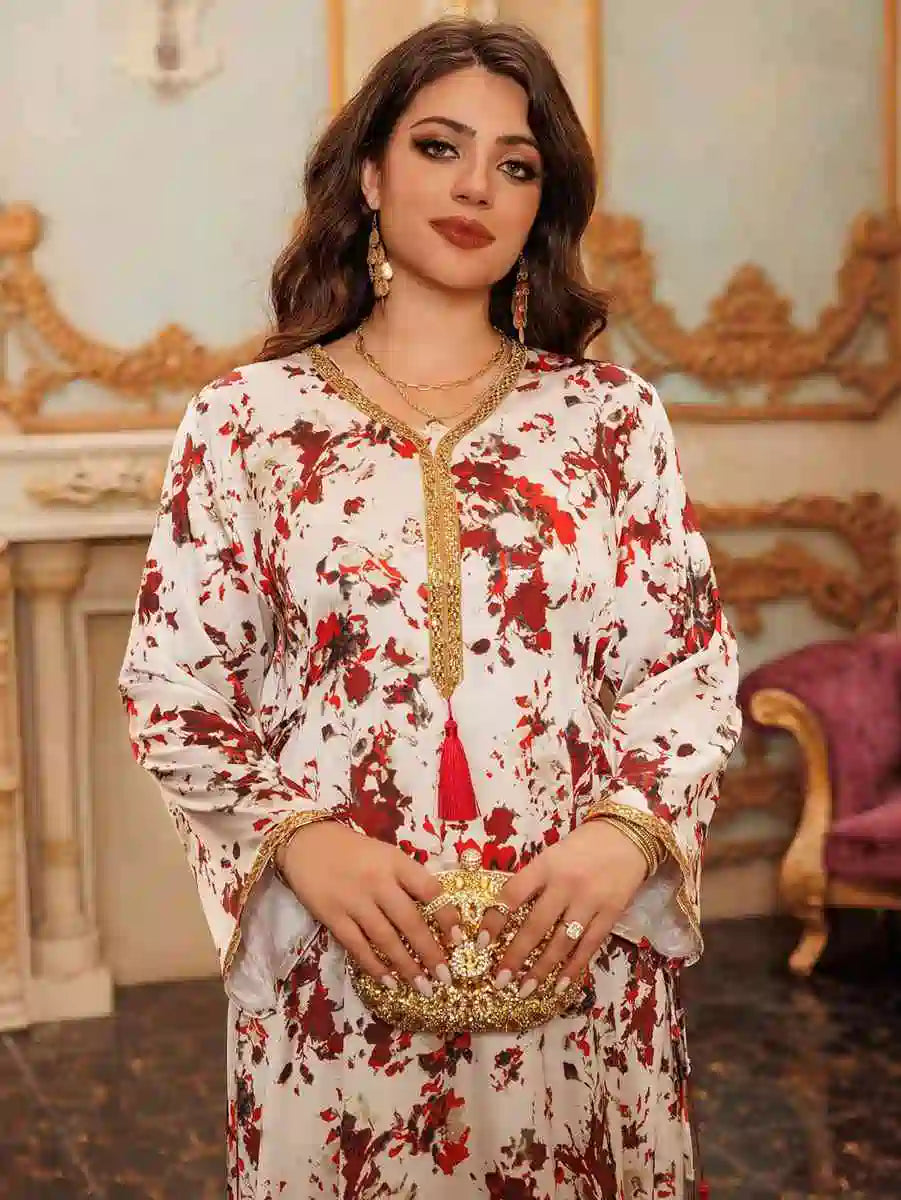 Elegant Eid Printed Caftan Dress for Women - Wedding & Party Wear | Flowy Kaftan Gown for Special Occasions, Festivals & Celebrations