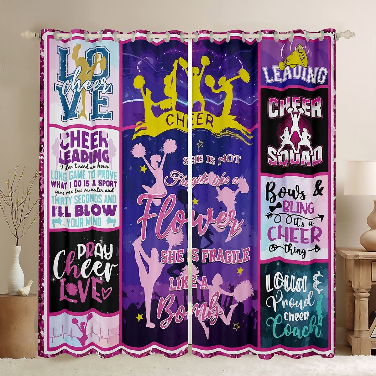 Jejeloiu Cheerleader Curtains for Bedroom - Thermal Insulated Cheerleading Gifts for Girls & Teens - 52x90 Inch Window Drapes - Perfect for Cheer Team Gifts, Bedroom Decor & Game Day Spirit
