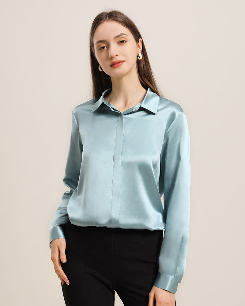 Women's Basic Concealed Silk Shirt - Soft & Breathable Blouse for Work, Office & Formal Occasions | Elegant Layering Piece for Professional Wardrobe