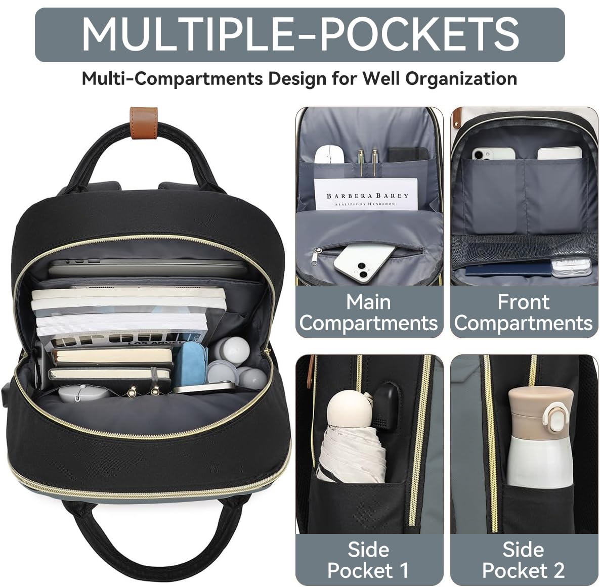 Women's Travel Backpack with USB Charger & Toiletry Bag - 15.6 Inch Laptop Backpack for College, Flight Approved Carry-On Backpack (Black-Grey) - Perfect for Business Trips, Commuting & Weekend Getaways
