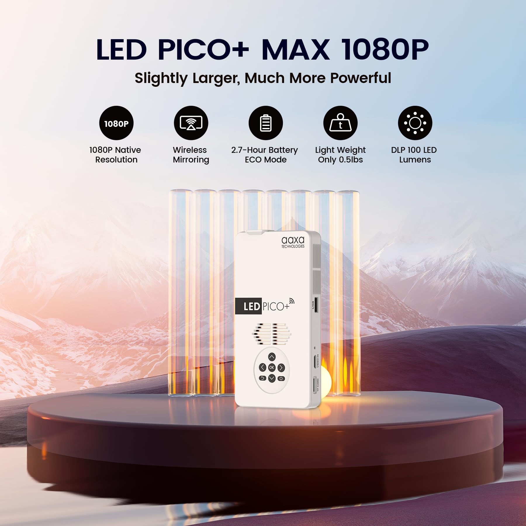 AAXA LED Pico+ MAX Mini Projector - 1080P DLP Portable Movie Projector with 2.7H Battery, Wireless Mirroring, Bluetooth, HDMI & USB - Perfect for Home Theater, Outdoor Camping, and Business Presentations