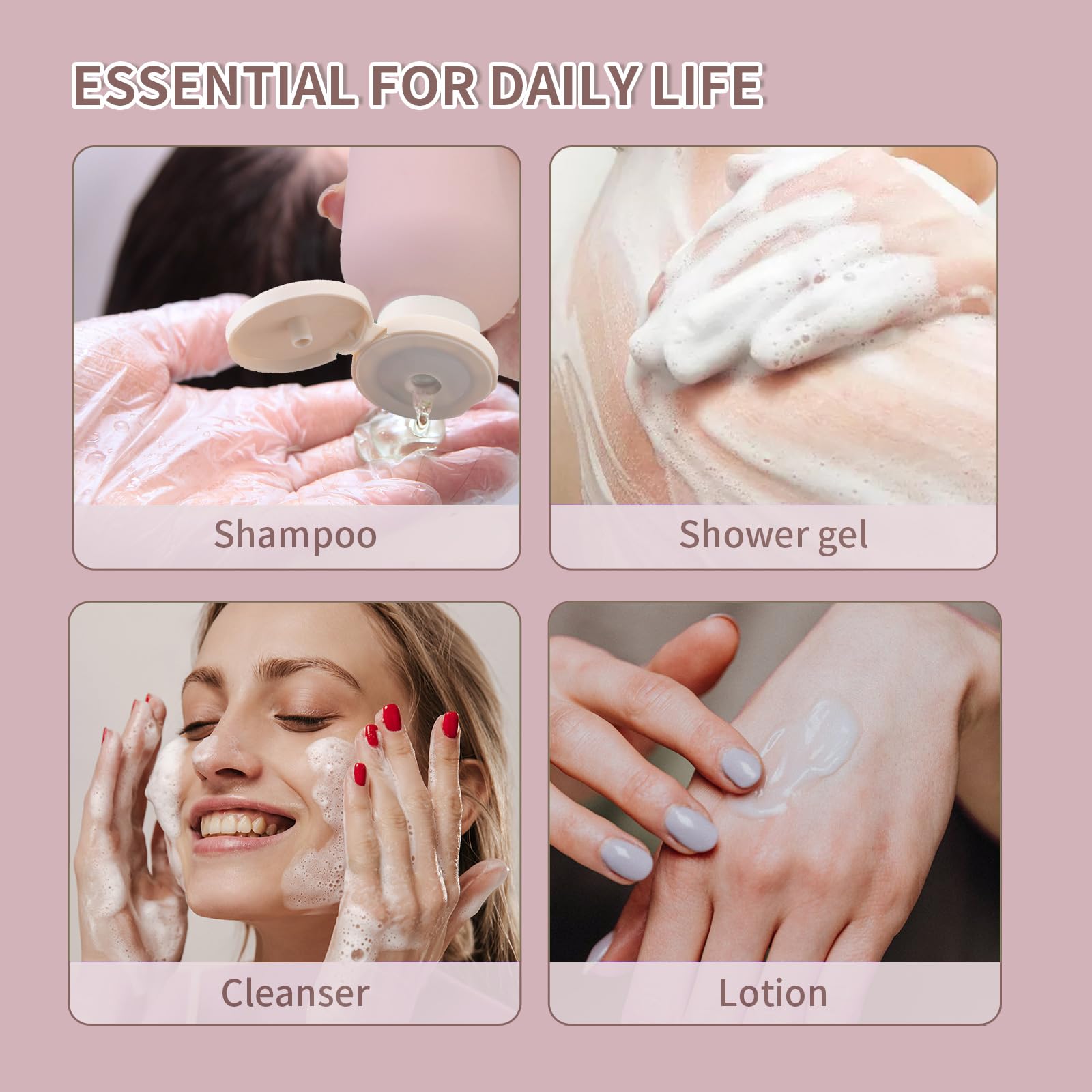 6.7oz (200ml) Empty Travel Shampoo Bottles with Flip Cap - 4 Pack Pink Plastic Squeeze Containers for Lotion, Toiletries & Cosmetics | Perfect for Camping, Gym, Air Travel & Home Use
