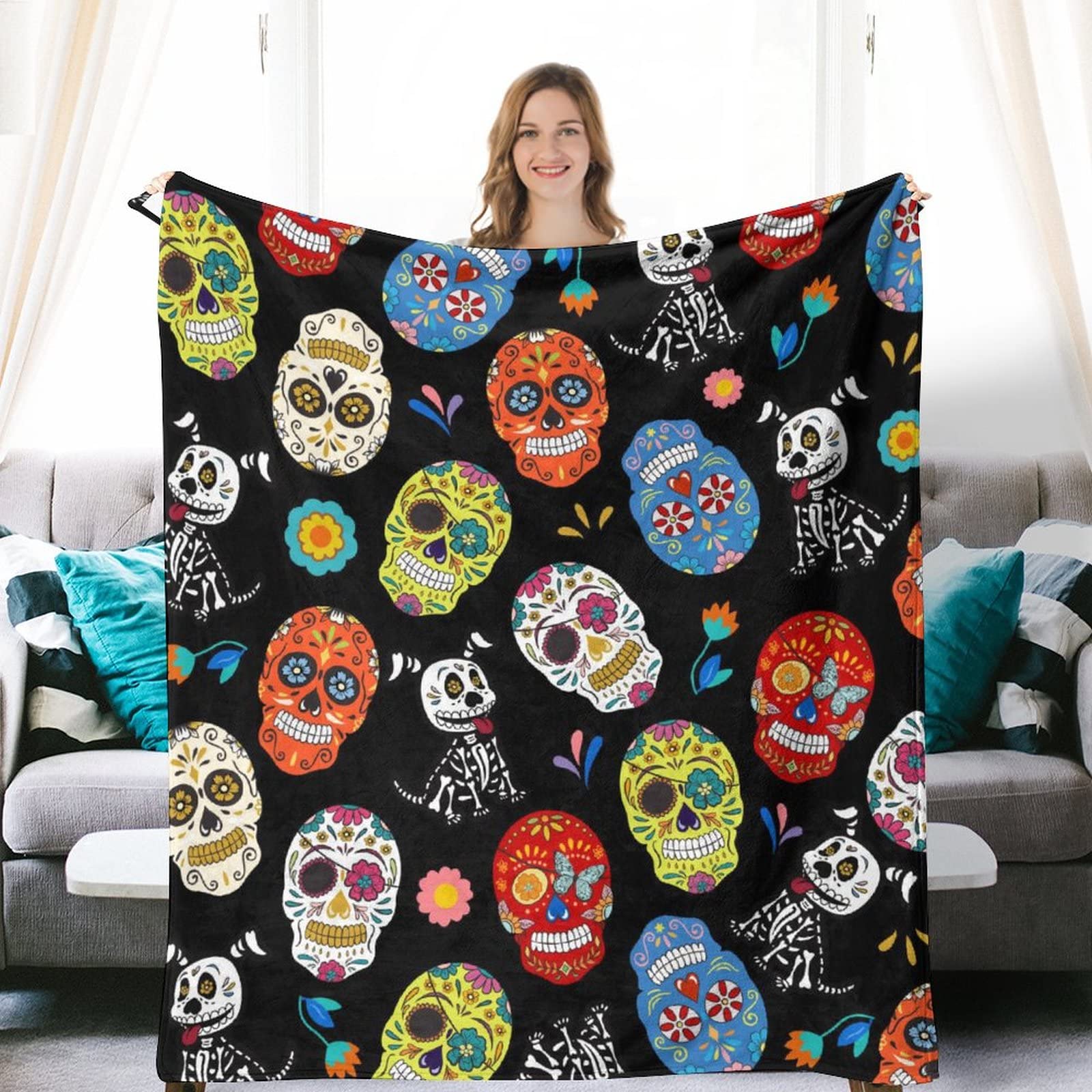 Day of the Dead Sugar Skull Fleece Blanket - Soft Warm Flannel Throw 80x60 Inches for Couch, Bed & Pets - Mexican Holiday Home Decor Gift for Adults & Kids