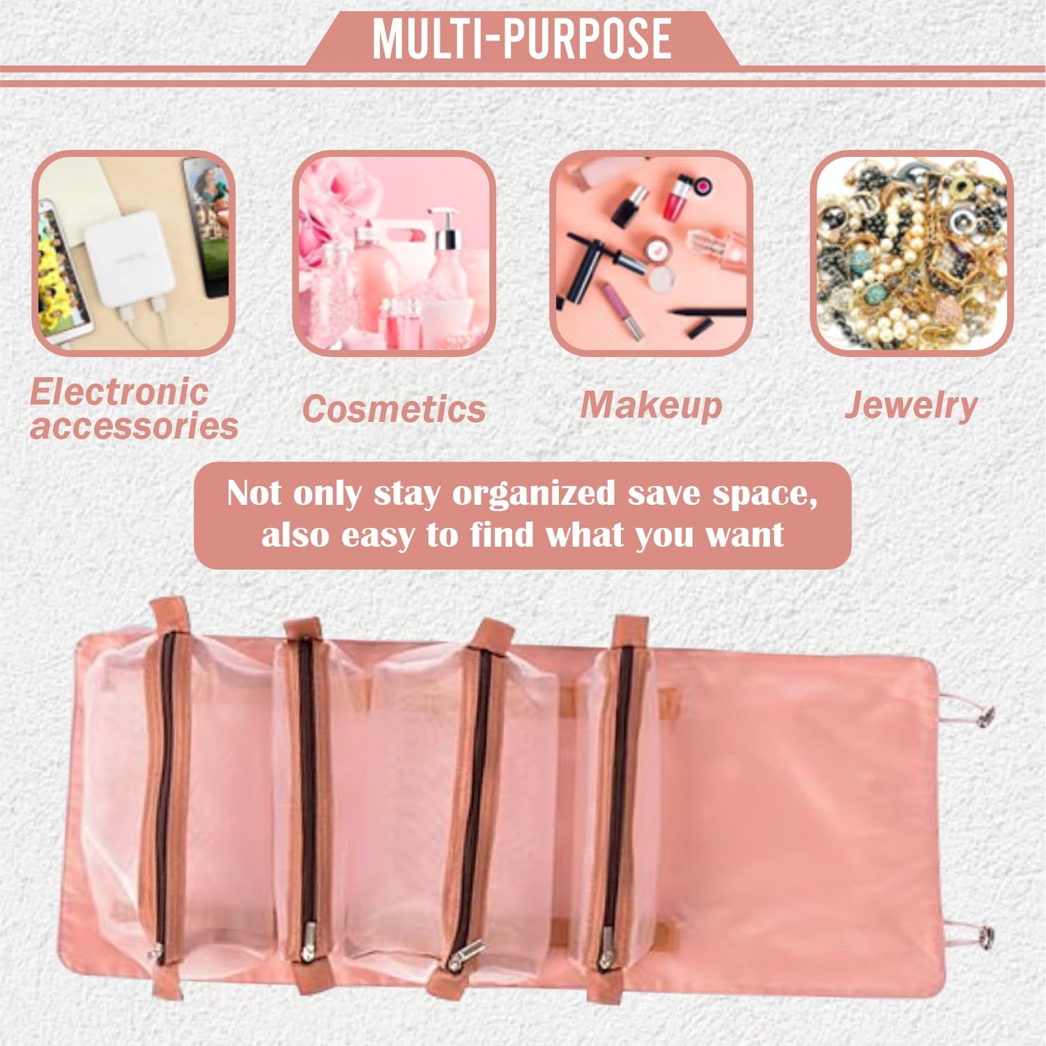 Large Capacity 4-in-1 Cosmetic Mesh Bag | Makeup Organizer & Toiletry Pouch for Women & Men | Portable Travel Makeup Bag | Waterproof Cosmetic Storage (Pink) - Perfect for Travel, Gym, Daily Use & Makeup Essentials Organization