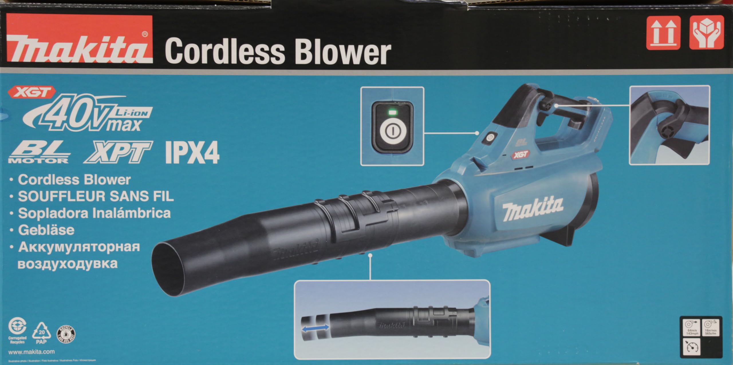 Makita UB001GZ 40V Max XGT Brushless Cordless Leaf Blower - Battery & Charger Not Included (Blue) - Perfect for Yard Cleanup, Driveway Clearing & Outdoor Maintenance