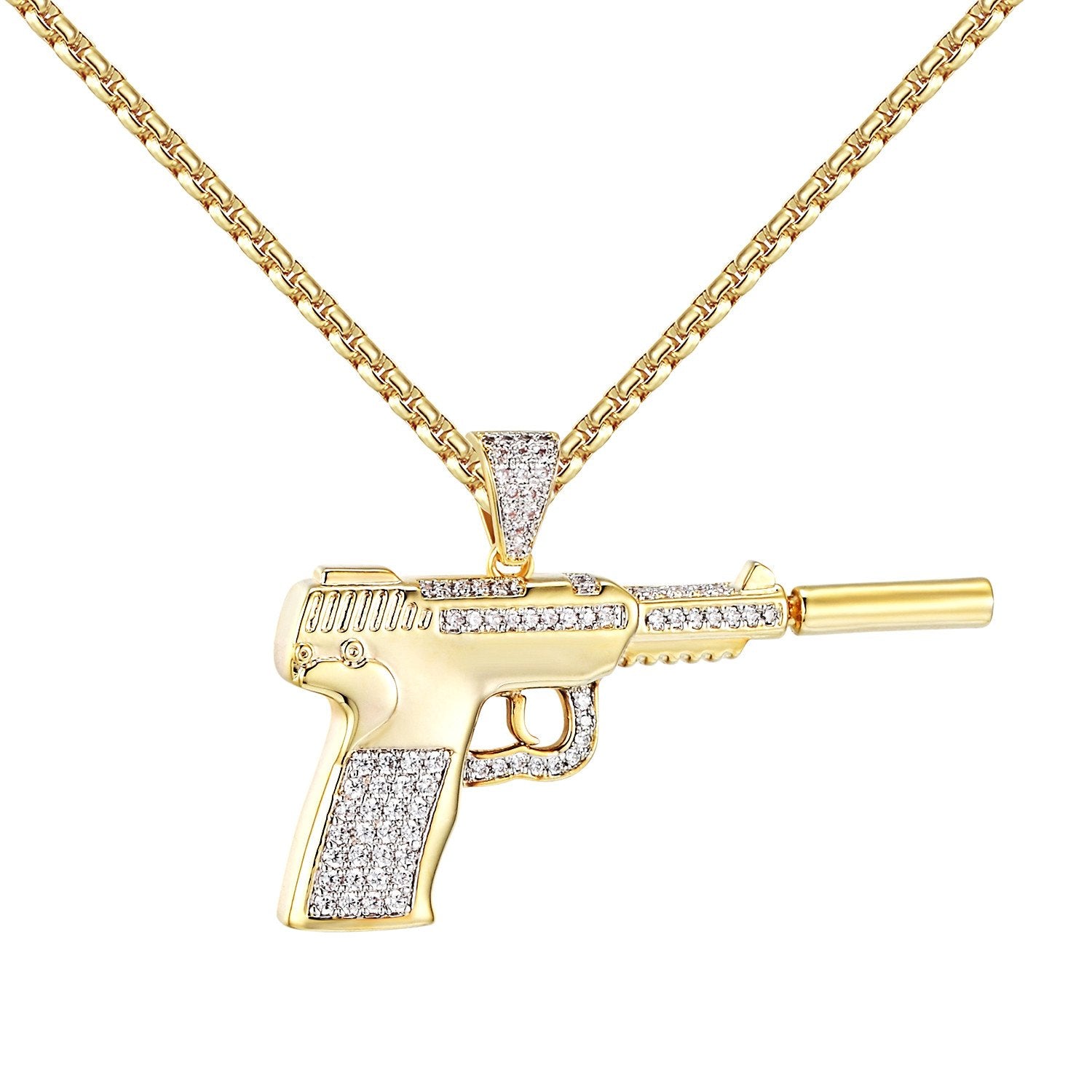 14K Gold Plated Silencer Gun Pendant with Simulated Diamonds for Men - Free Chain Included - Perfect for Hip Hop Jewelry, Streetwear Fashion & Gift Giving