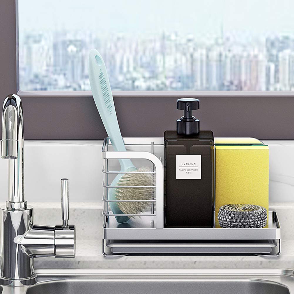 Premium Stainless Steel Dish Soap & Sponge Holder - 304 SUS Kitchen Sink Organizer for Brushes, Scrubbers & Cleaning Tools | Perfect Countertop Storage for Sponges, Dish Soap & Dishwashing Accessories | Ideal for Kitchen, RV, Camper & Small Space Organization