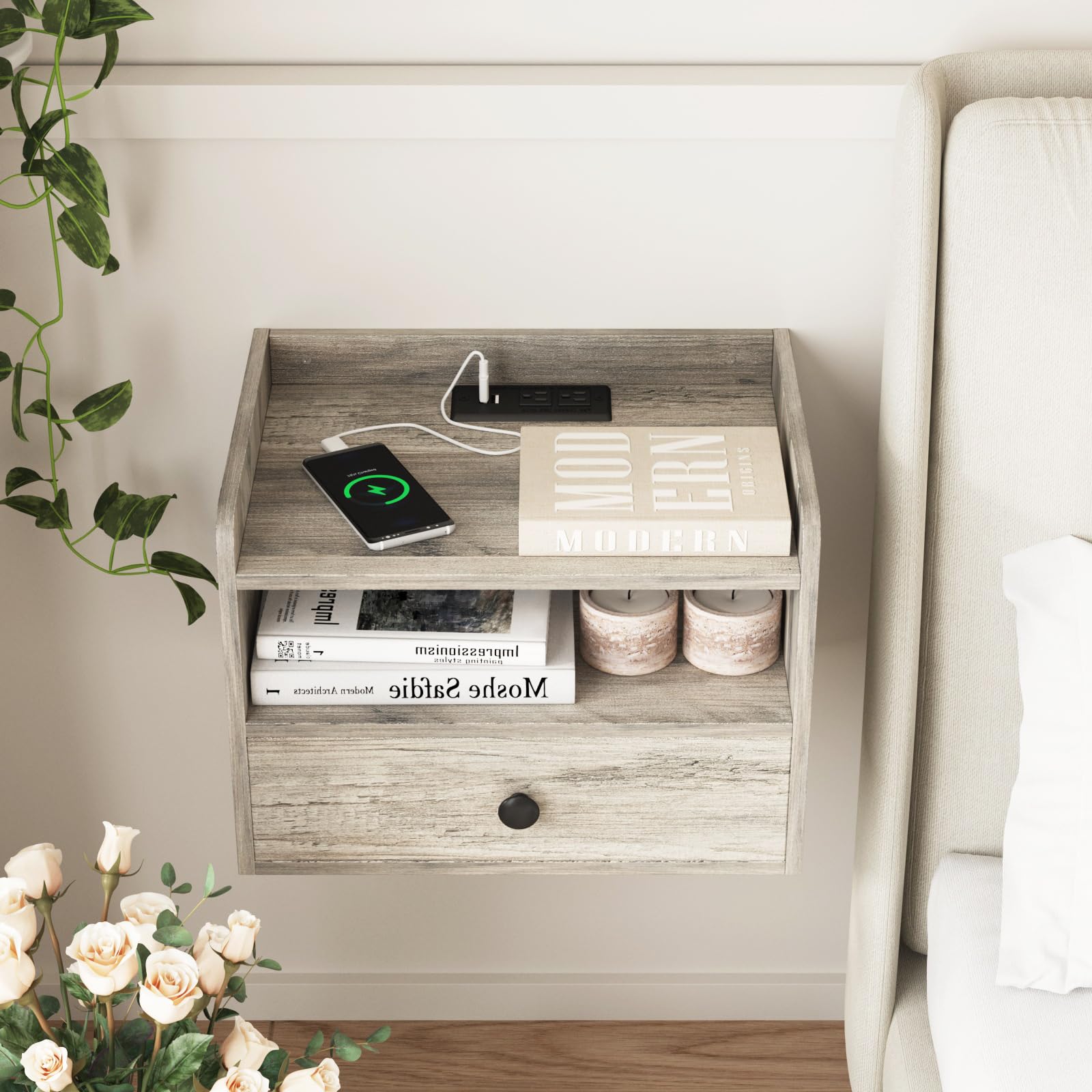 Modern Floating Nightstand Set of 2 - Wall Mounted Bedside Tables with Drawer, Open Shelf & USB Charging Station - Space Saving Grey End Tables for Small Bedrooms, Apartments & Dorm Rooms