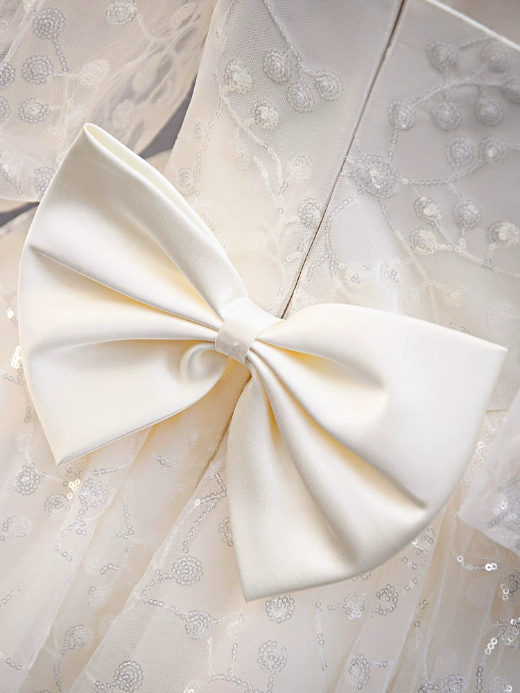 White Princess Sweetheart Floor Length Tulle Flower Girl Dress for Weddings & Special Occasions