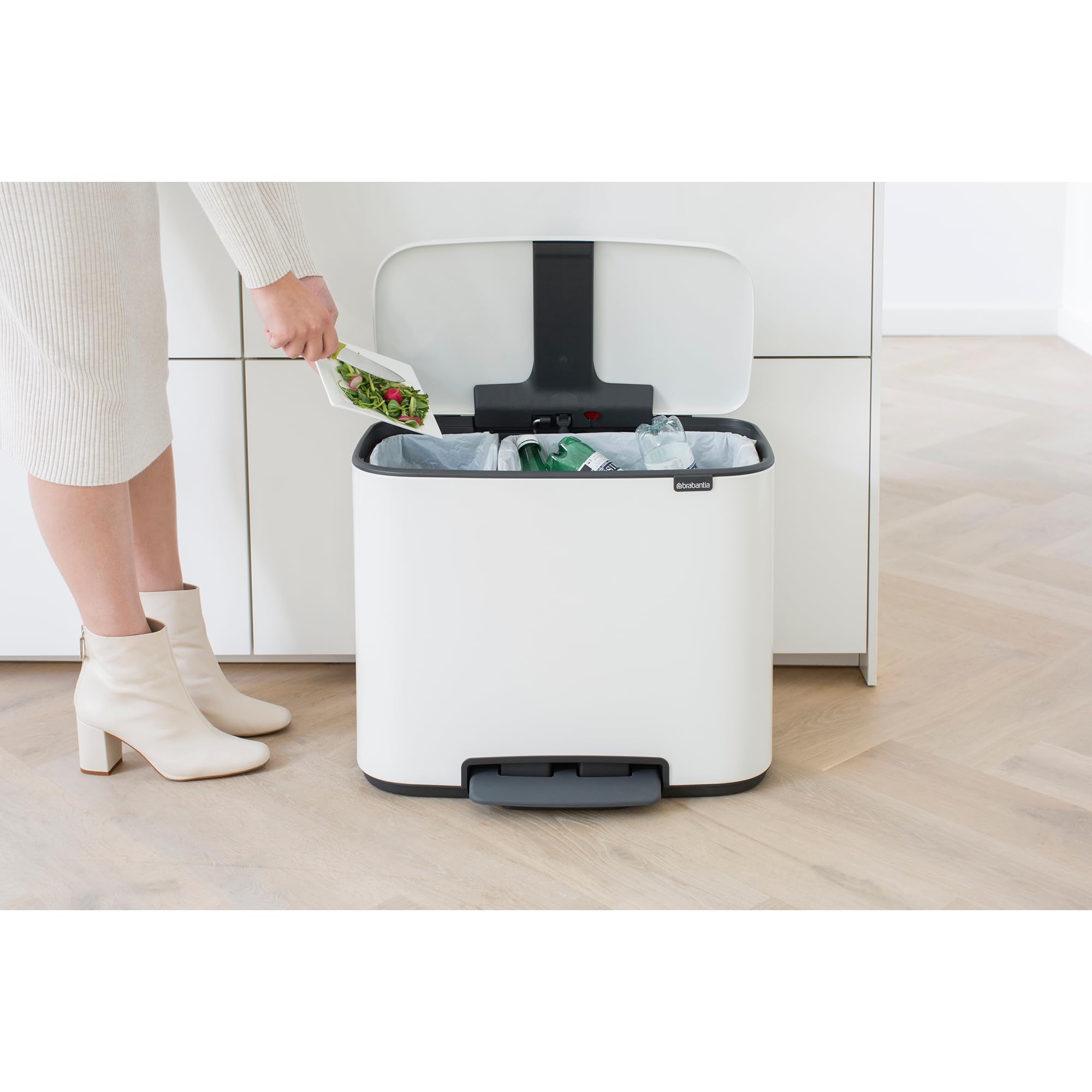 Brabantia Bo Step-On Pedal Trash Can - 3 & 6 Gallon Inner Buckets, White Waste & Recycling Garbage Bin with Removable Compartments + Free Bags - Perfect for Kitchen, Office, or Bathroom Organization