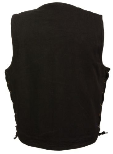 Men's Black Denim Motorcycle Vest - Snap Front, Side Laces & Gun Pocket - Perfect for Biker Rides, Motorcycle Clubs & Casual Streetwear